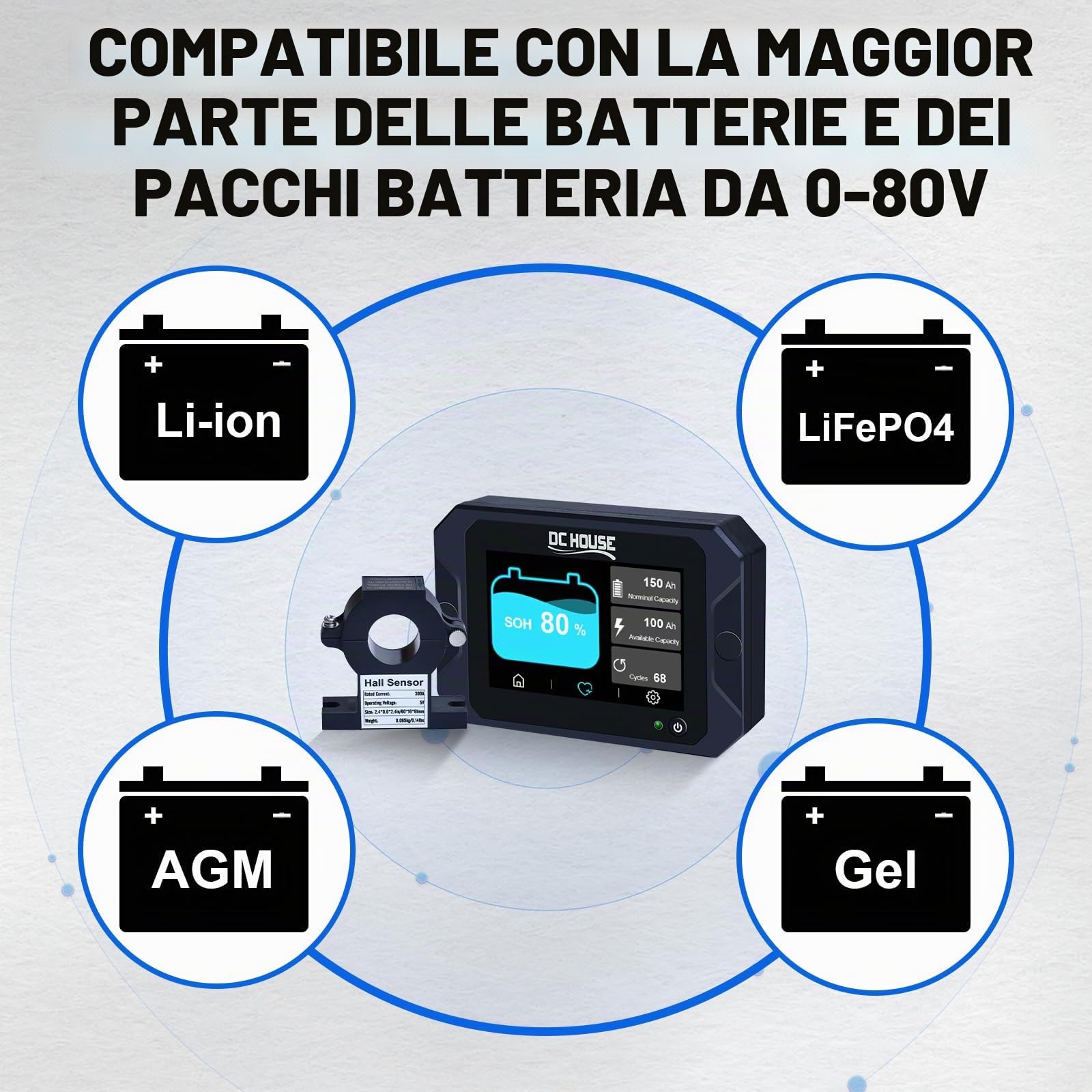 DCHOUSE Monitor di Scarica di Carica 0-90V 300A Tester Capacità Batteria Tensione Corrente Li-ion LiFePO4 AGM Gel