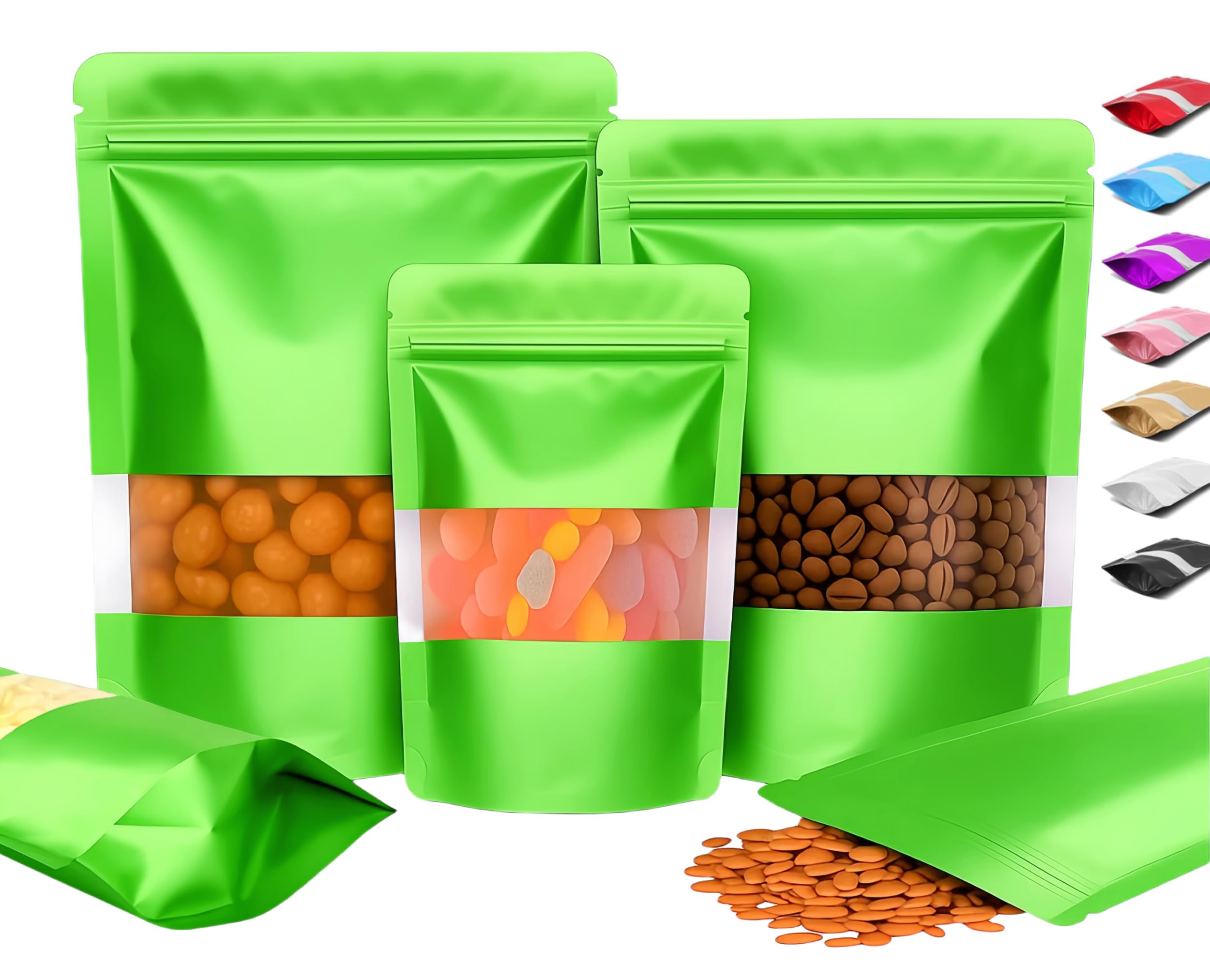 Plaphy 100Pcs Resealable Stand-up Pouches with Window (Green, 16 x 24 cm)
