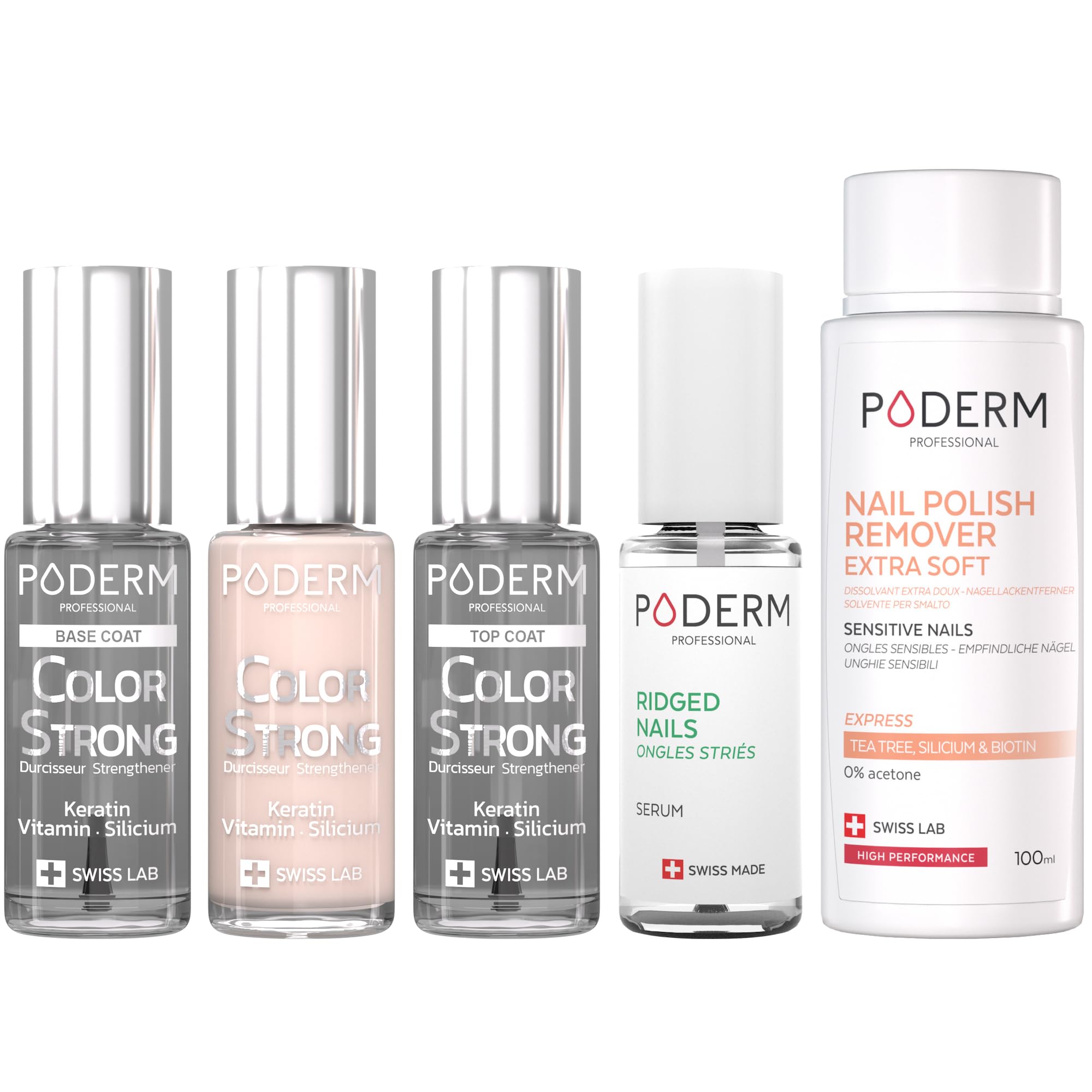 PAQUETE RUTINA COMPLETA DE CUIDADO DE UÑAS COLOR STRONG - 5 PRODUCTOS: Base y Top Coat, Esmalte de Uñas Rosa Palo, Quitaesmalte y Suero Nutritivo - Fortalece y repara las uñas dañadas - SWISS MADE