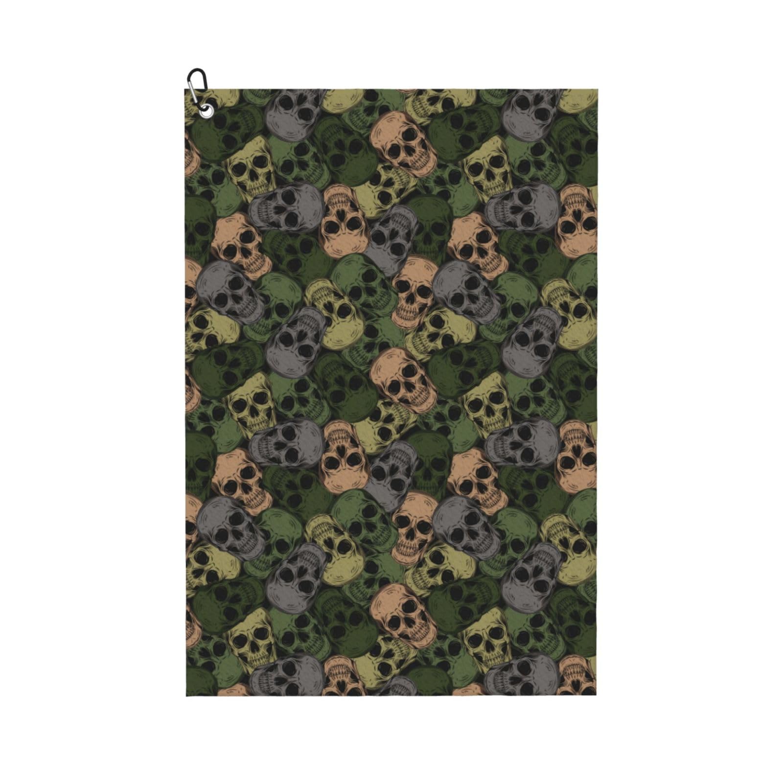 AOOEDM Camouflage Skulls Print Golf Towel with Carabiner Clip Absorbent Microfiber Golf Towel for Cleaning Golf Ball Club Putter Iron for Golf Bag Trolly Belt Loop 16" X 24"