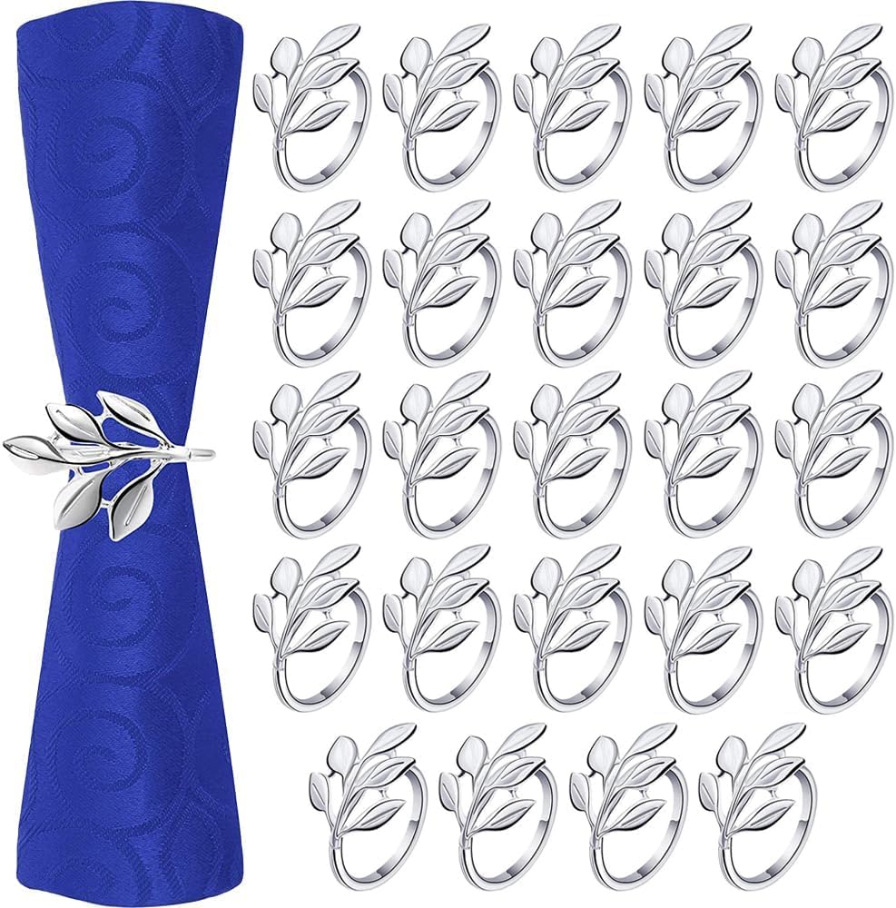 QKEPCY 24pcs Napkin Rings Metal Leaf Napkin Holder Set for Cloth Napkins Elegant Napkin Buckle for Table Decoration Valentine Day Thanksgiving Christmas Anniversary Dinners (Silver)