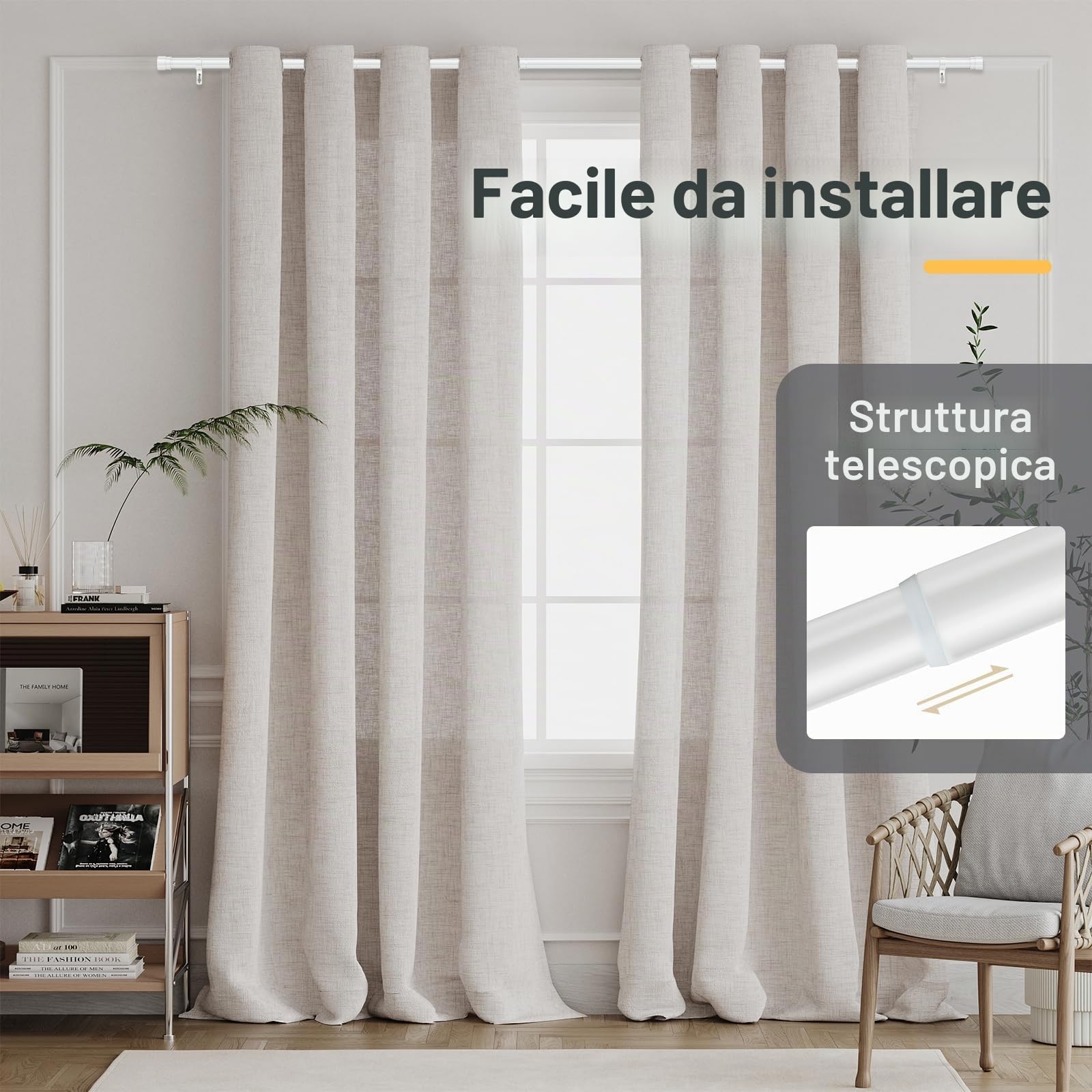 BellaHills 1 Pezzi Bastone Tenda Estensibile, 76-269cm Bastoni per Tende con Staffe in Diametro 25mm, impermeabile e antiruggine, Aste per Tende Set per Camera da Letto, Soggiorno, Cucina, Bianco