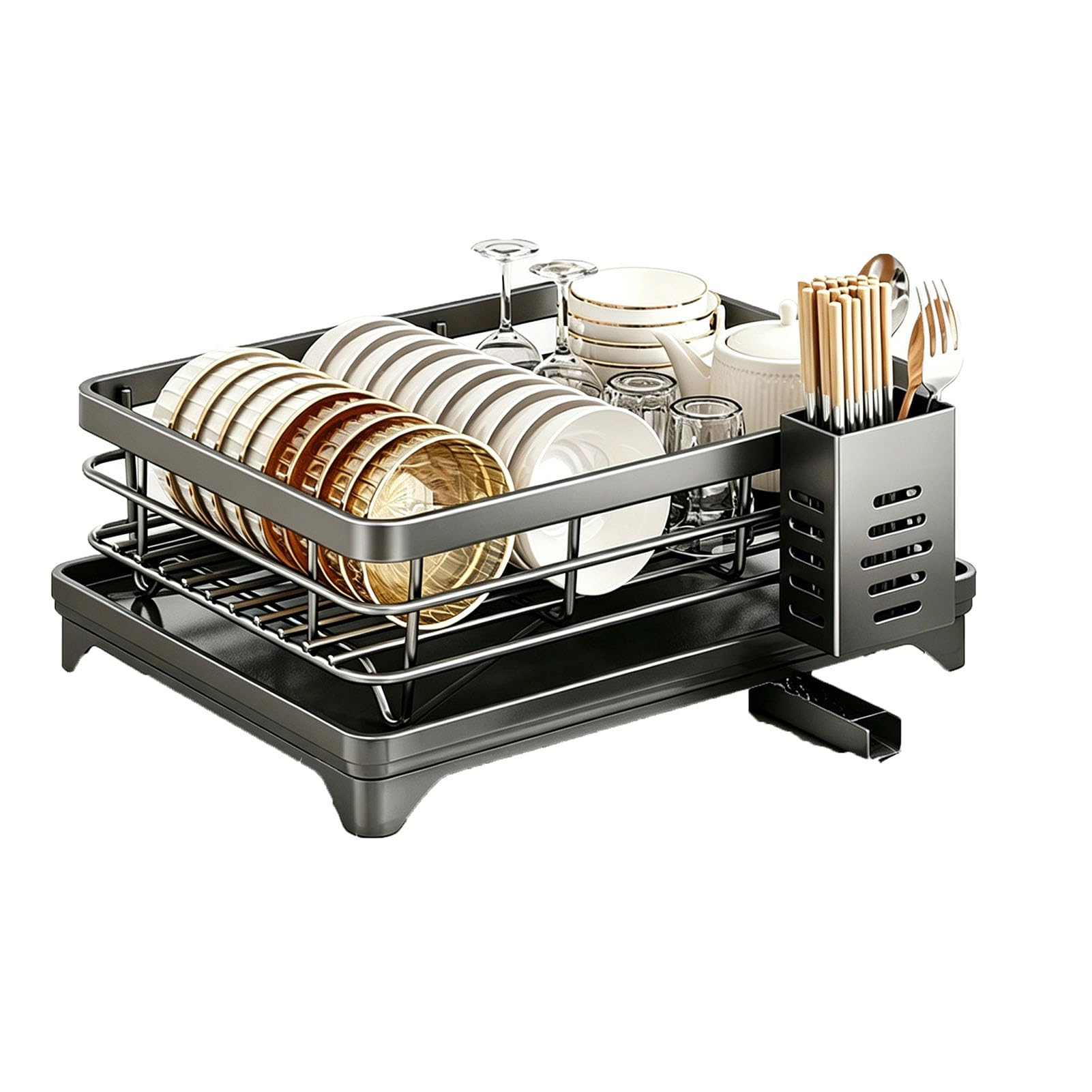 TBATM Dish Rack for Kitchen Counter with Utensil Holder, Rustproof Dish Racks with Drainboard, Large Capacity Counter Organizer, Multifunctional Storage Shelf for Plates Cutlery,Grey,1 Tier