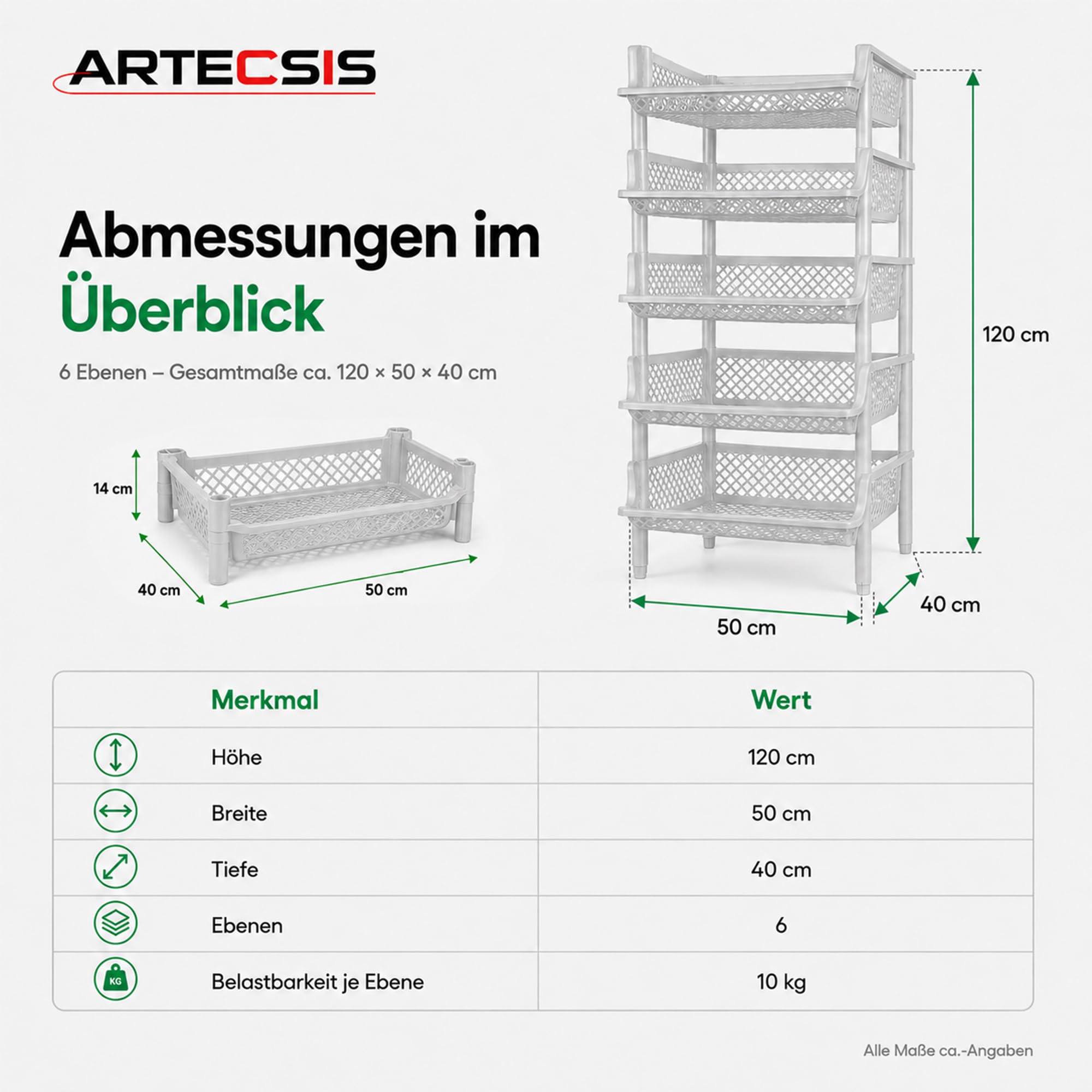 ARTECSIS® Korbregal aus Kunststoff mit 6 Regal-Etagen stapelbar & modular erweiterbares Stecksystem grau (schmal) - Kellerregal & Vorratsregal für Lagerung - Abstellraum Steckregal & Lagerregal