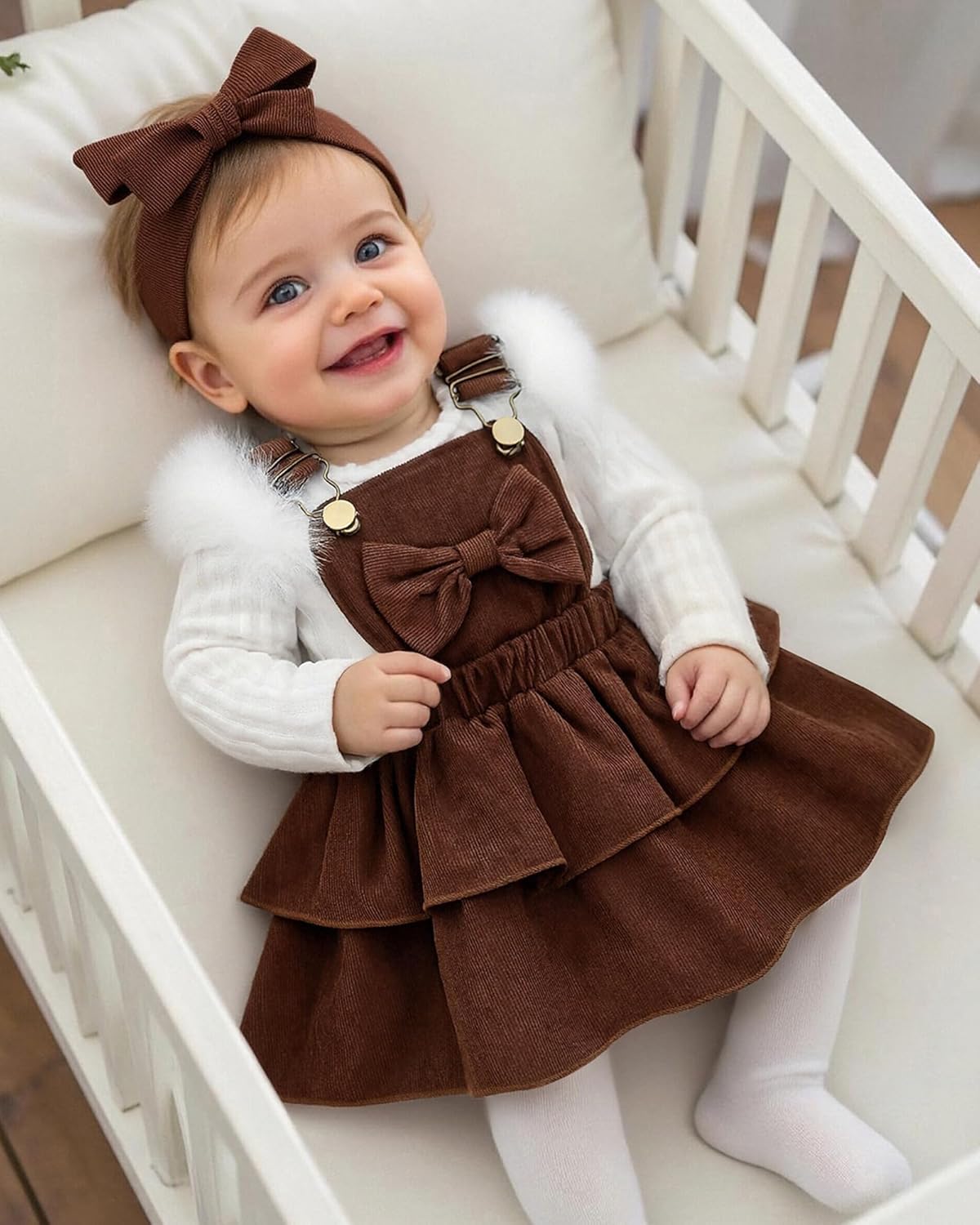 Megeoly Baby Girl Fall Winter Skirt Set Newborn Overall Dress Long Sleeve Ribbed Romper Suspender Skirts 3Pcs Outfits - Image 2