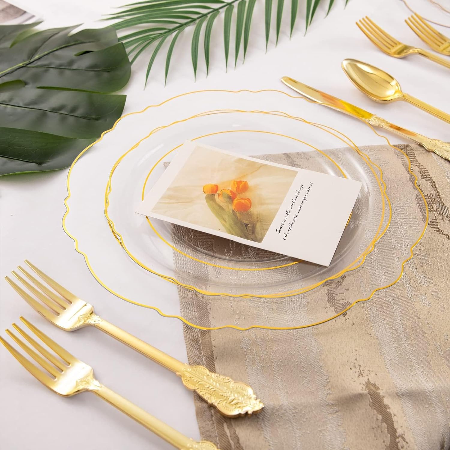 WDF 100pcs Clear Disposable Plastic Plates With Gold Trim - Baroque Clear Gold including 50PCS Dinner Plates 10.25inch and 50PCS Salad Plates 7.5inch for Wedding/Baby Shower/Birthday image 3