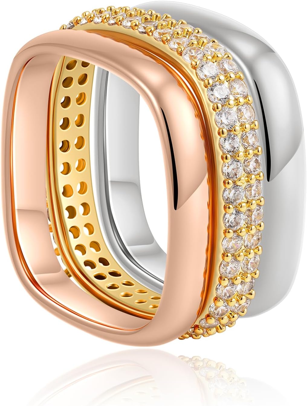 C-leen Gold Stackable Rings for Women Non Tarnish, Dainty 18k Real Gold Plated Cubic Zirconiz Diamond Knuckle Pinky Ring Tricolor Chunky Silver Rose Gold Rings Set Jewelry for Women Gift Size 6-10