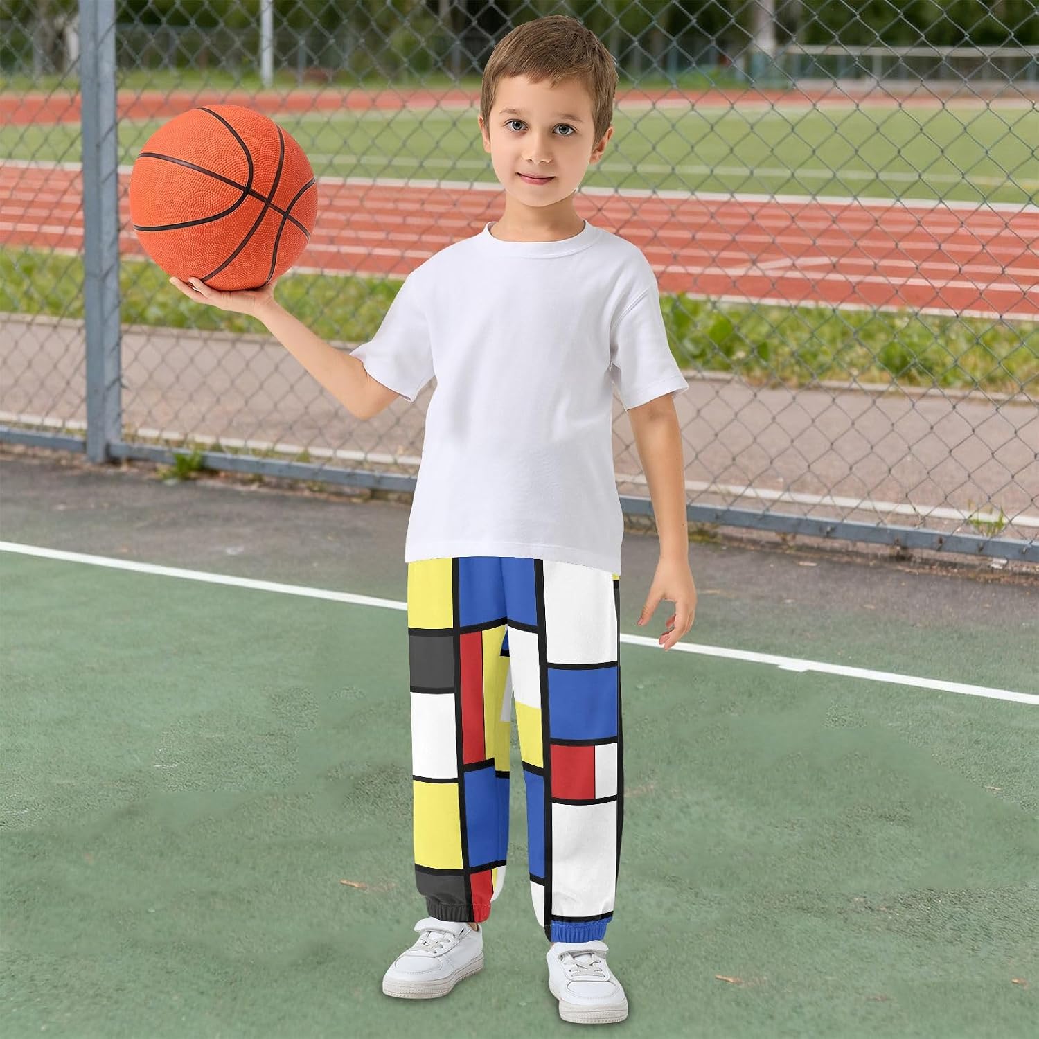 Boy Sweatpants Mondrian Color Blocks Joggers Casual Athletic Pants Kids Elastic Waist Cuffed with Pockets