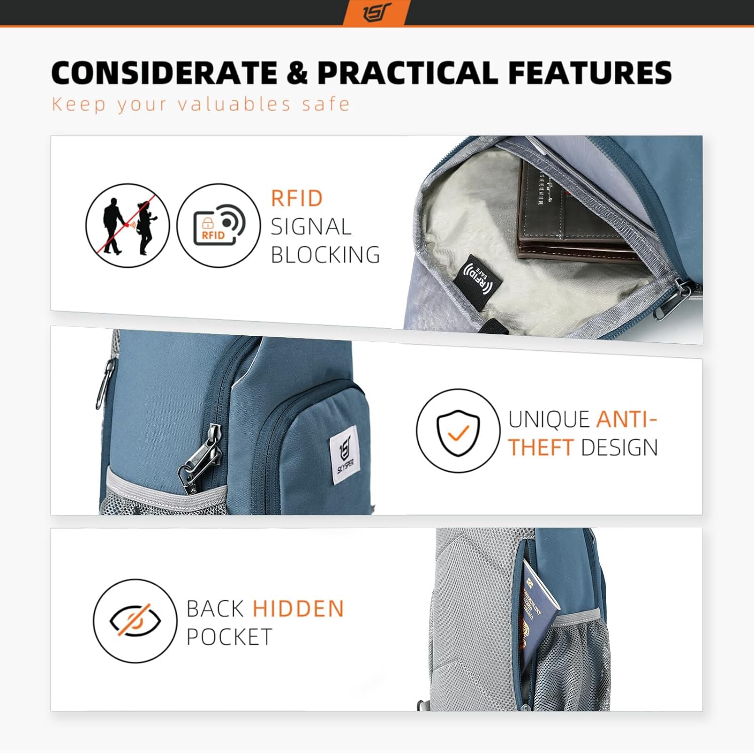 SKYSPER Sling Bag RFID Crossbody Sling Backpack Cross Body Shoulder Bag Travel Hiking Daypack for Women Men(Slateblue) image 3