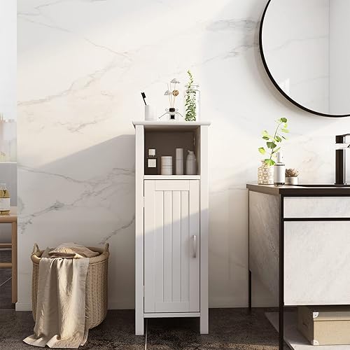 Miniatura 3 de Tangkula Gabinete de piso de baño, gabinete de almacenamiento multifuncional, dispositivo antivuelco, estante ajustable de 3 alturas, gabinete