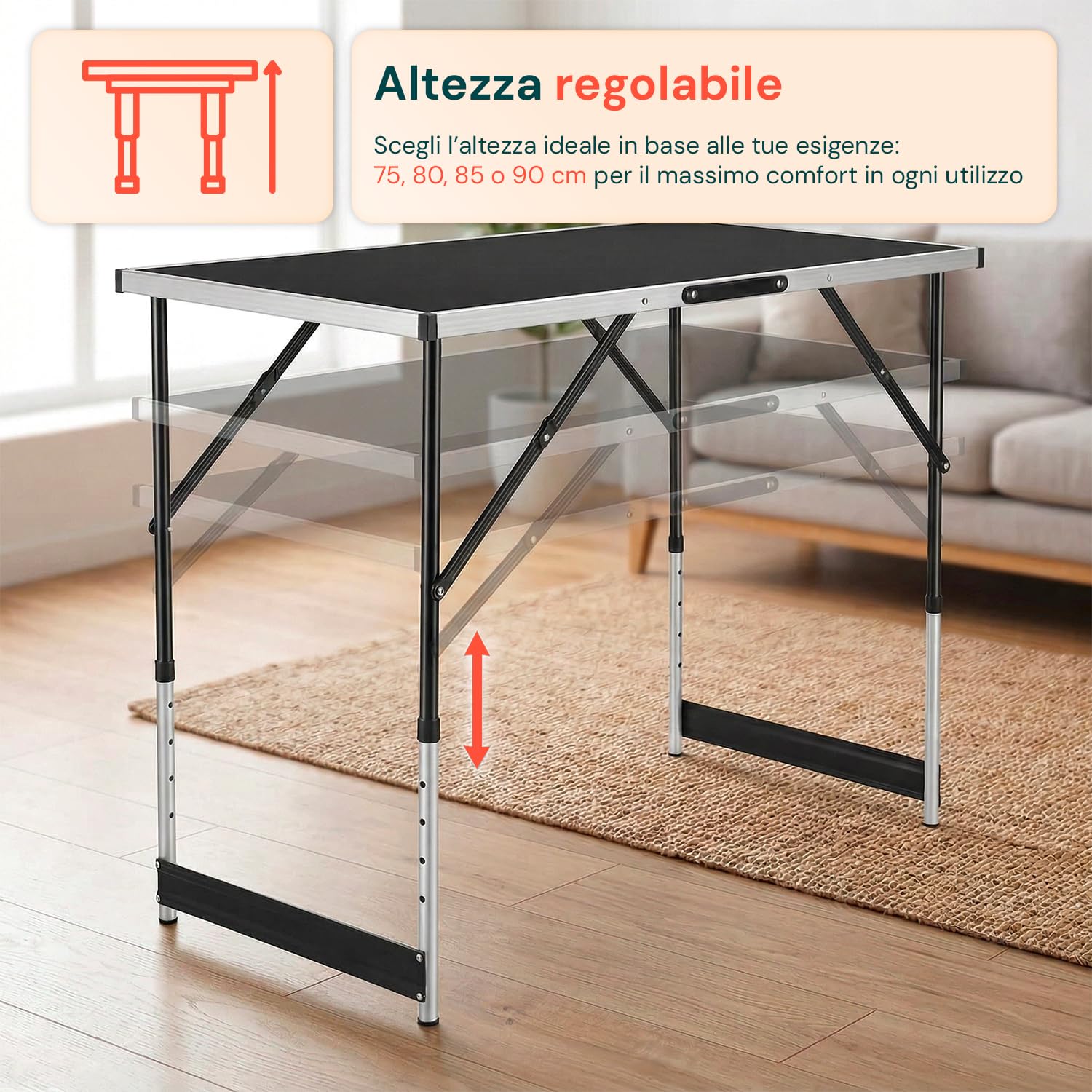 Tavolo Pieghevole Set da 3 con 4 Altezze Regolabili, Struttura in Alluminio e Piano in MDF, per Campeggio, Giardino ed Eventi, Leggero, Salvaspazio e Facile da Trasportare