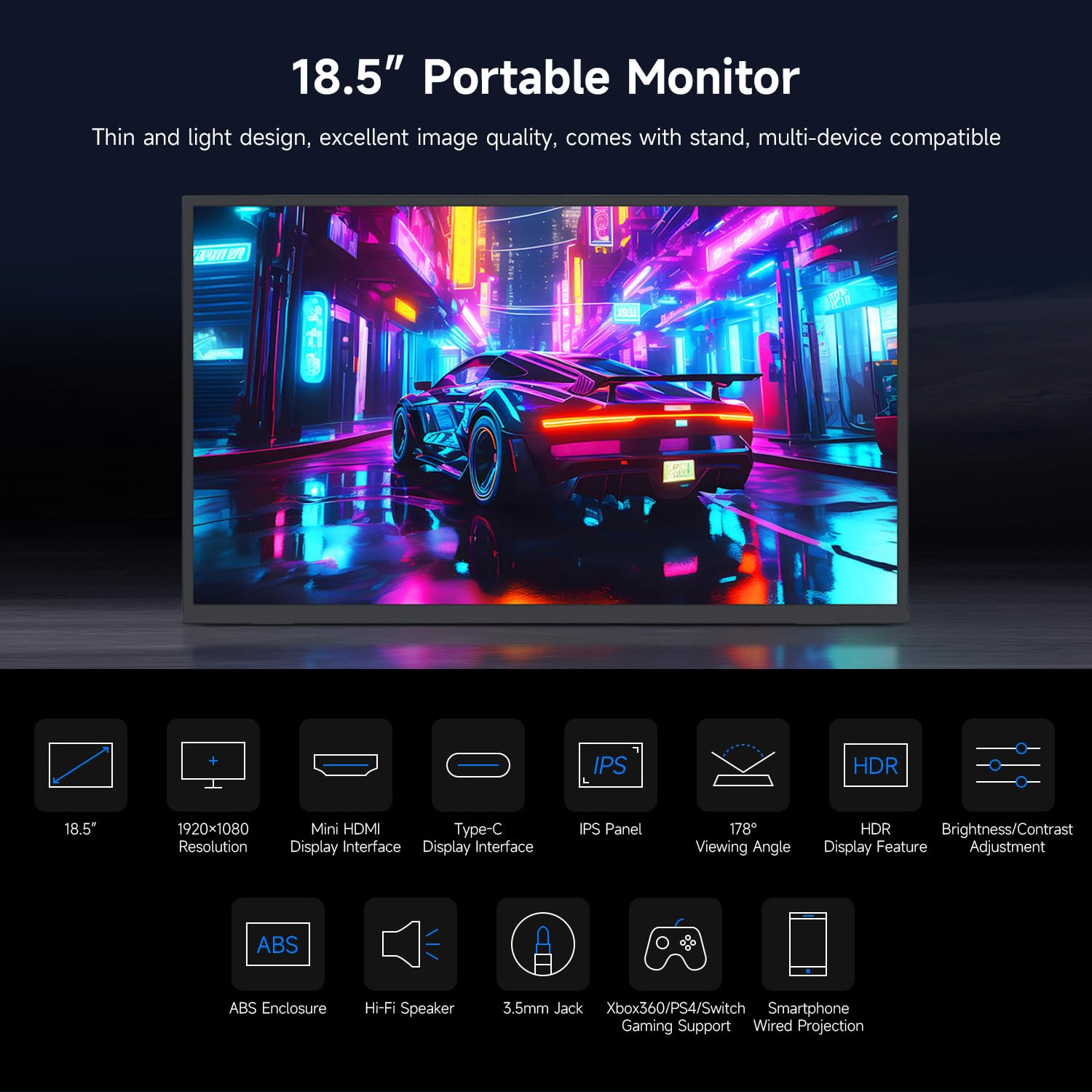 LUCKFOX 18.5" Portable Monitor with Stand - Plug and Play Ultra Thin/Light USB-C HDMI Second Monitor 1080P FHD 178° Viewing 120Hz Dual-Track HiFi Speaker for Raspberry Pi/Jetson/PC/Game Console/Phone