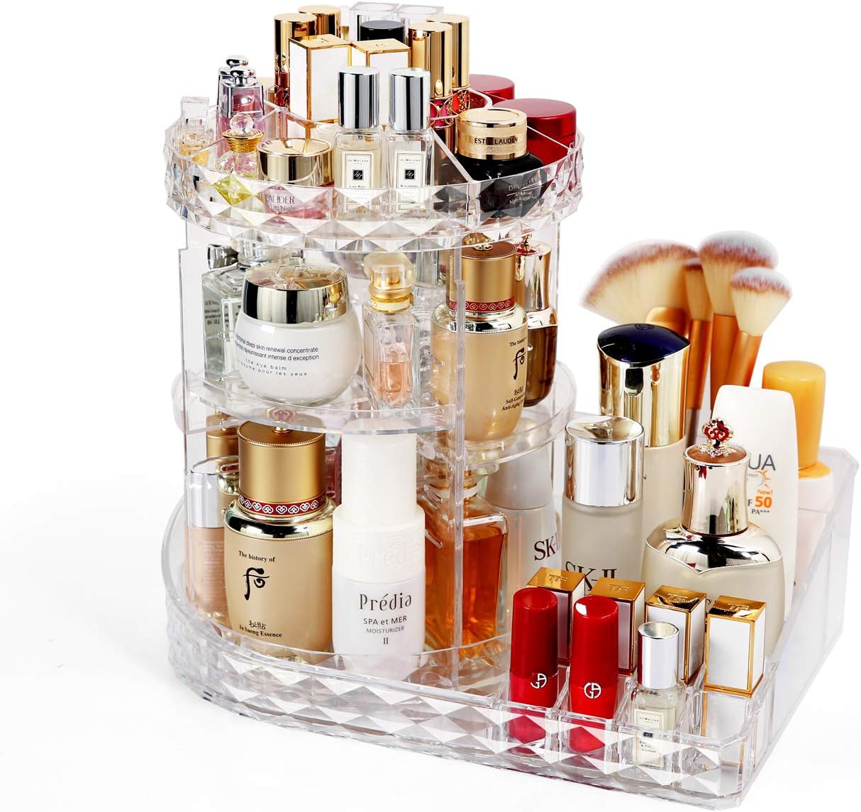 MOOCHI Clear L-Shape Bottom Makeup Organizer 360 Degree Rotating Multi-Function Acrylic Diamond Pattern Cosmetic Storage Display Case For Brushes Lipsticks Jewelry