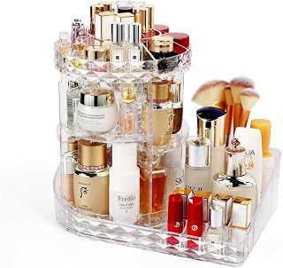 MOOCHI Clear L-Shape Bottom Makeup Organizer 360 Degree Rotating Multi-Function Acrylic Diamond Pattern Cosmetic Storage Display Case For Brushes Lipsticks Jewelry