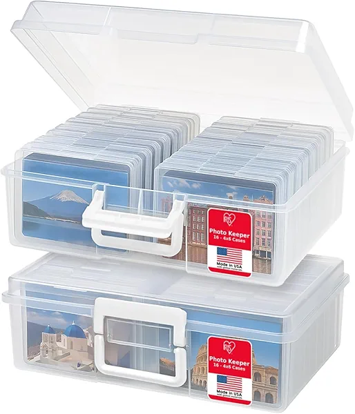 IRIS USA 4" x 6" Photo Storage Box Craft Keeper, 2-Pack, Transparent Handle Container with 16 Organization Holder Cases for Pictures, Tasks, Scrapbooking, Stationery Storage, Clear