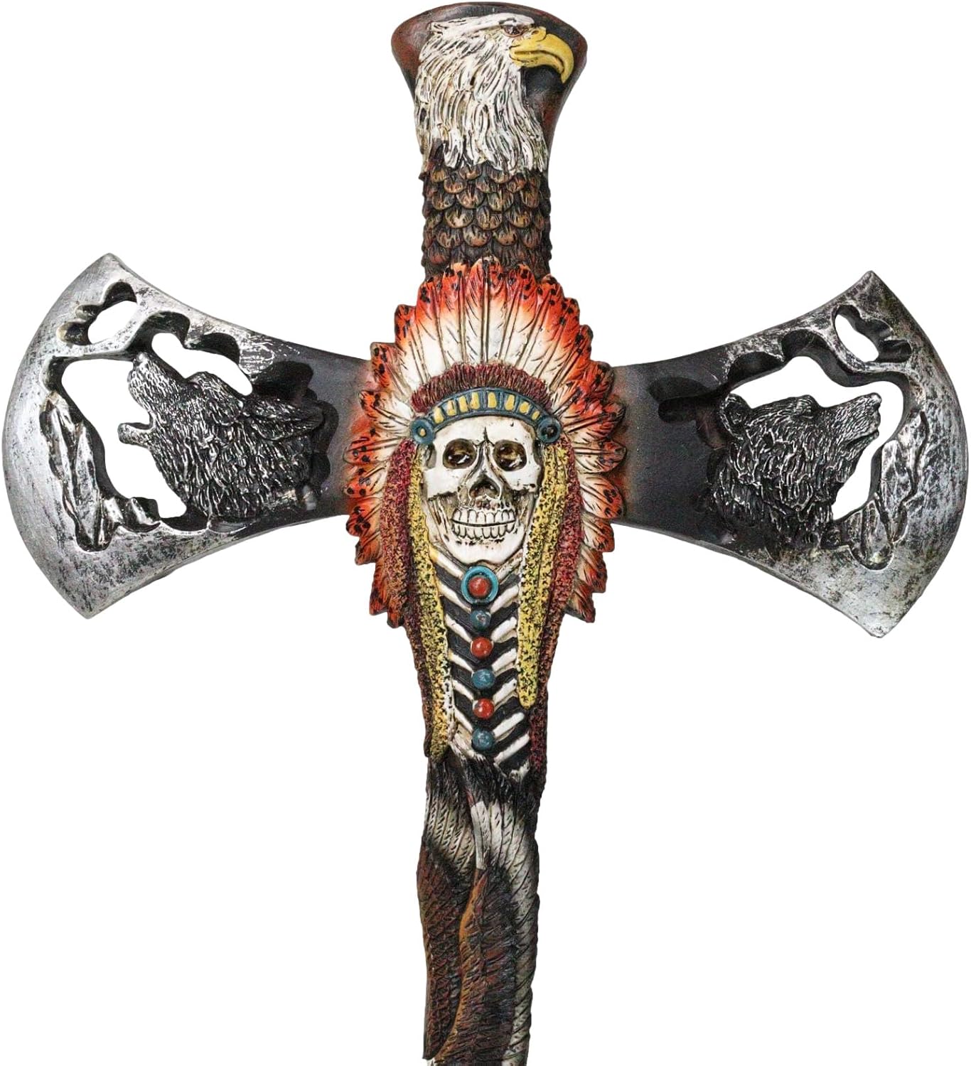Ebros Gift Southwestern Tribal Native American Indian Hand Axe with Chief Headdress Skull Eagle Wolf Bear and Turquoise Gem Wall Cross Plaque