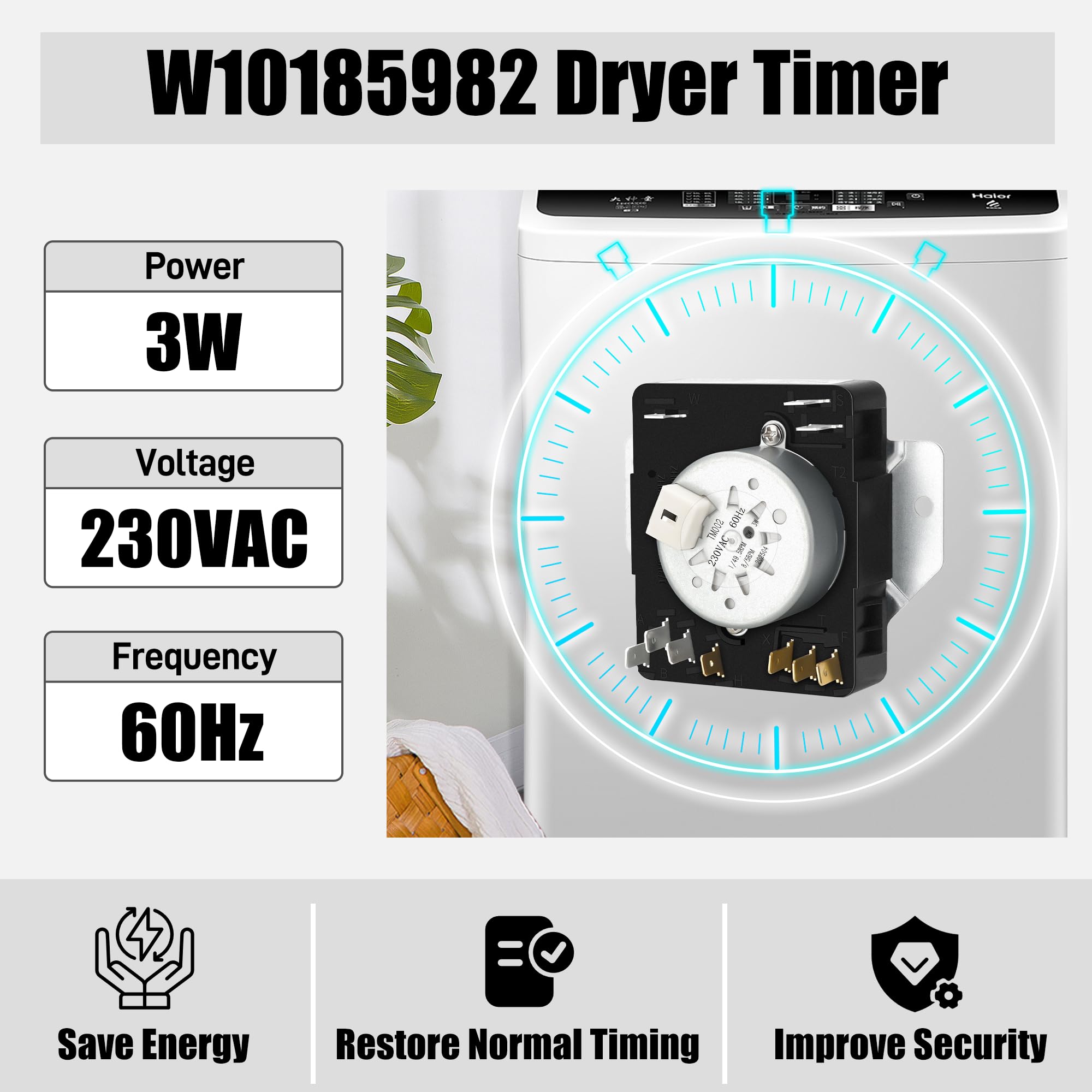 Temporizador de secadora W10185982 compatible con temporizador de secadora Whirlpool 7MWED1800EM0, YWED5200VQ1, WGD4800XQ0, repuesto OEM para W10185982, PS11749831, WPW10185982VP, 1 año de