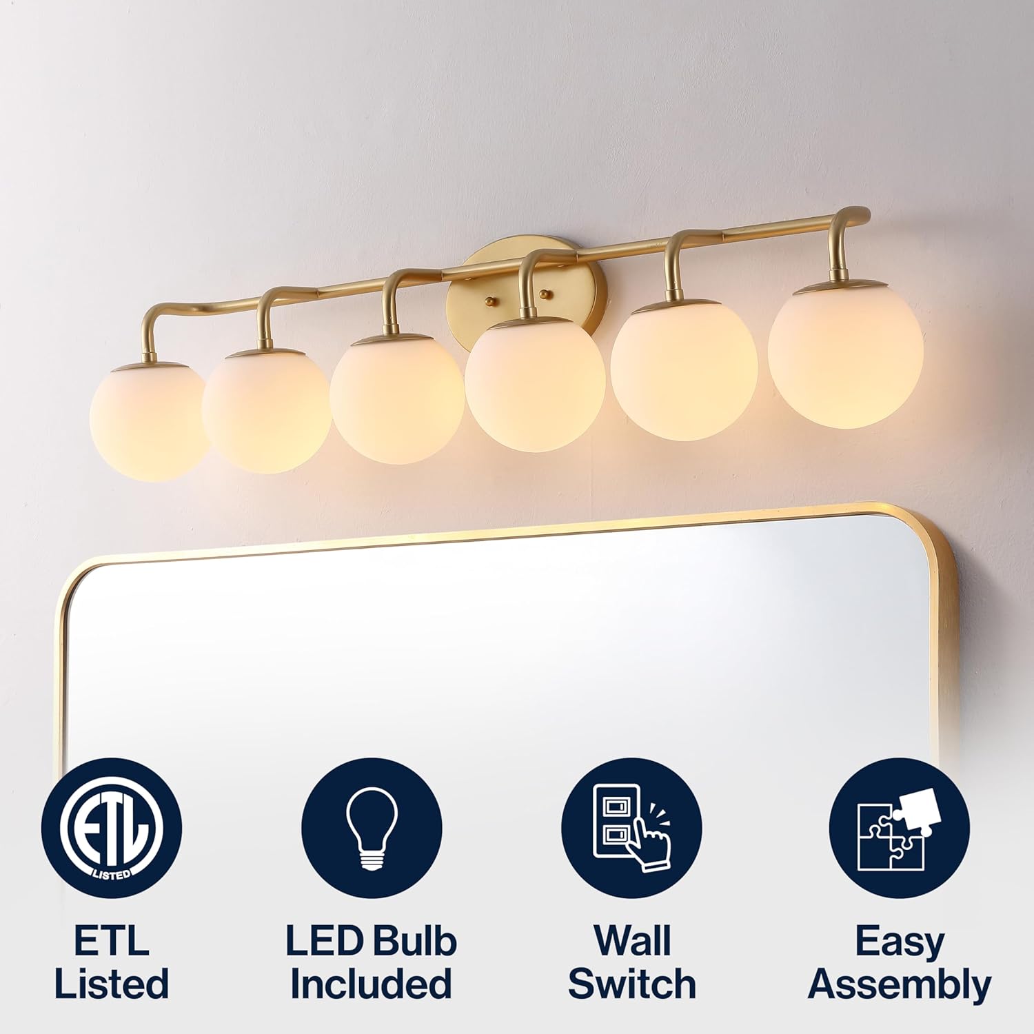 JONATHAN Y 40" Gold Painting Modern Globe Wall Sconce Vanity Light for Bathroom, White Frosted Glass Shade, Midcentury Parisian Bistro Wall Lamp, LED Bulb Included (JYL3560A)