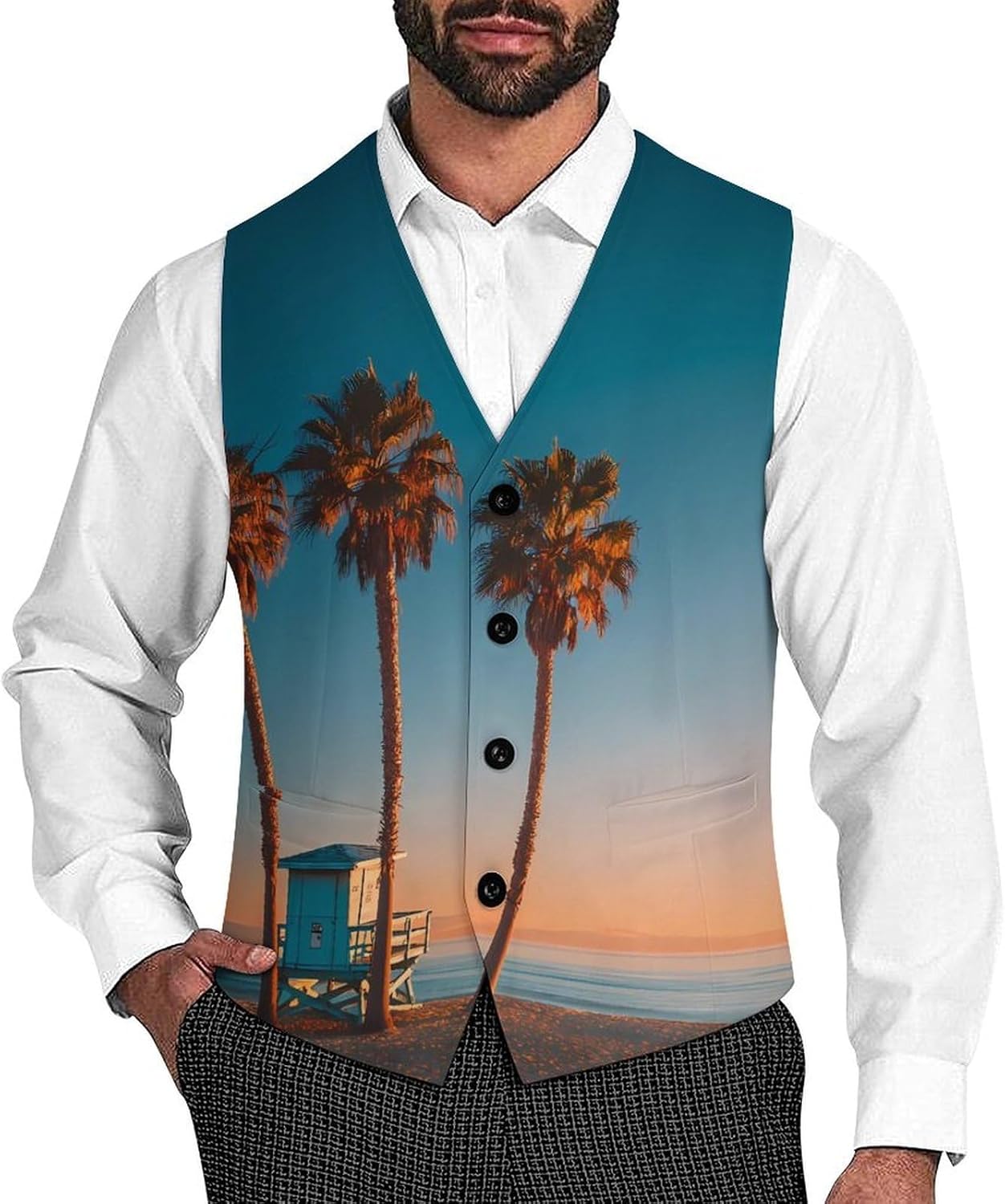 Palm Tree And Cottage Men's Suit Vest Formal Vests Casual Dress Fit Waistcoat Casual Tuxedo for Business