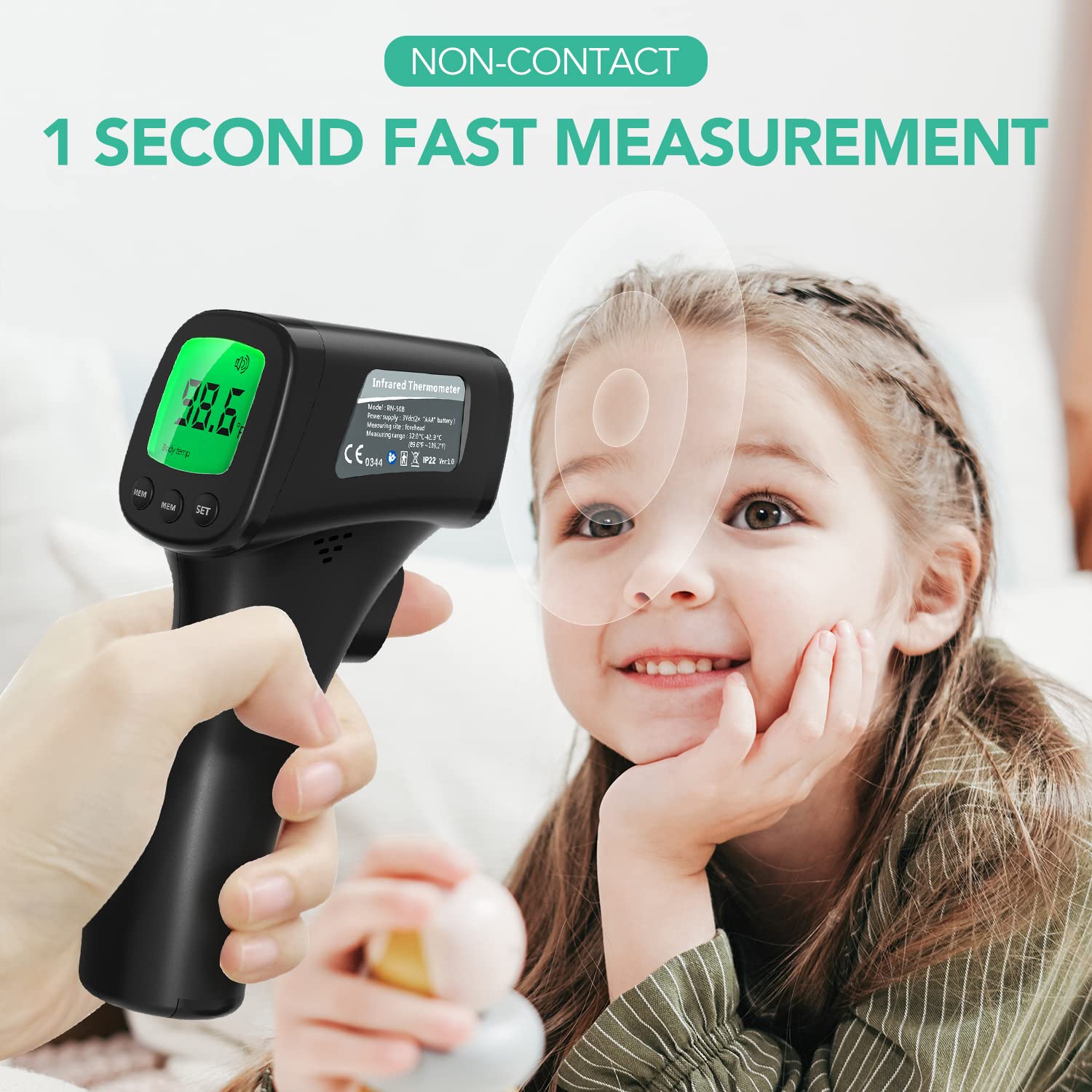 A child smiling while a hand holds the thermometer 3-5 cm from their forehead, demonstrating 1-second non-contact measurement.