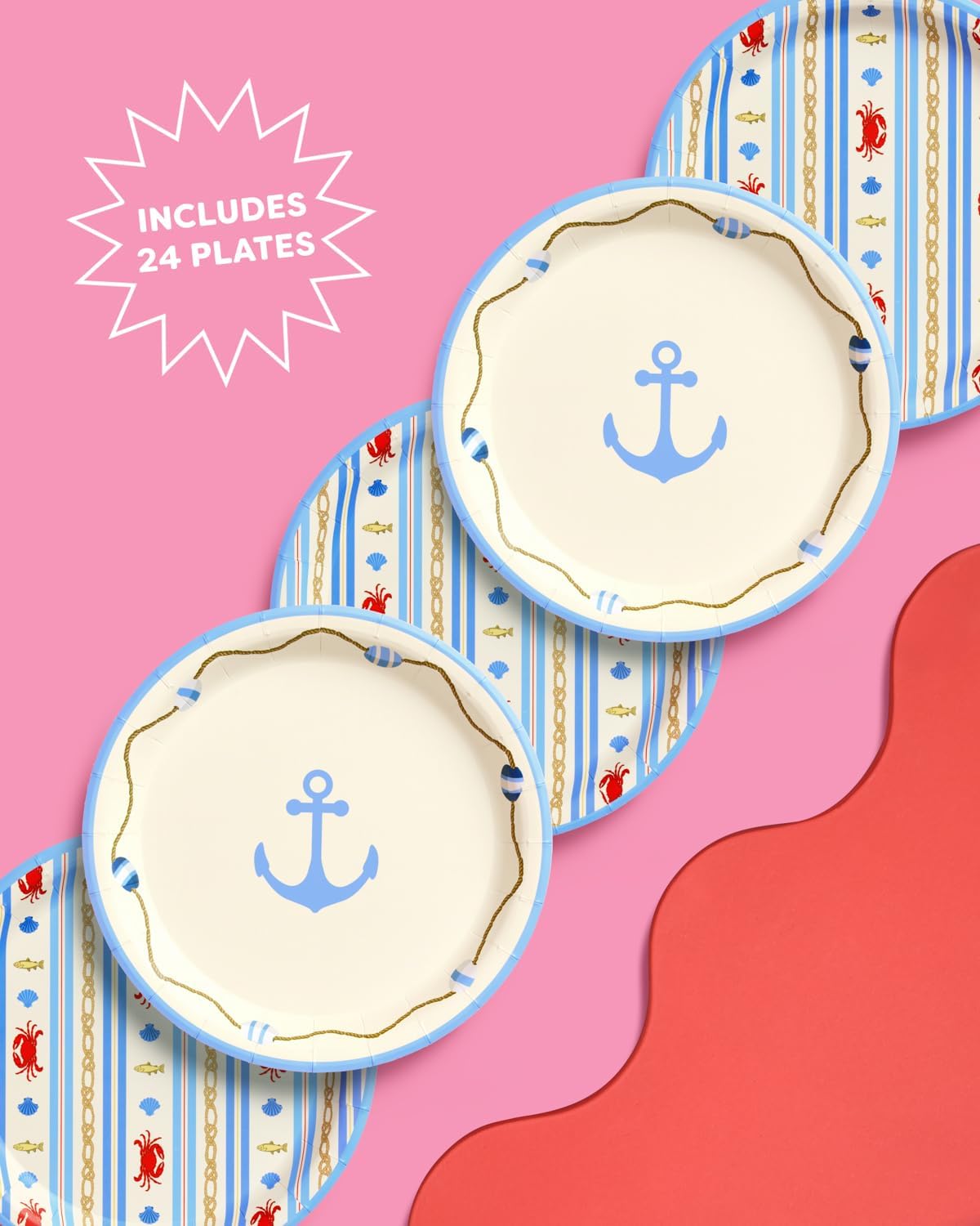 xo, Fetti Nautical Plates - 24 Paper Plates, 9" | Crab, Anchor, Coastal Party, Summer, Seafood Boil, Blue Red, Beach Decor, Preppy
