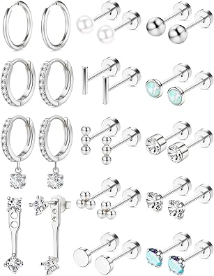 Nunpag 10 & 14 Pairs Hypoallergenic 14K Gold Plated Flat Back Earrings Hoops for Women CZ Stone Pearl Opal Studs Huggie Hoops Earrings Stainless Steel Cartilage Jewelry Gift for Sensitive Ear
