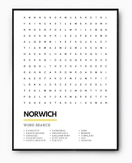 Norwich Norfolk East Anglia Wordsearch Art Print | A3 A4 Framed or Unframed - Perfect Gift Idea (A3, Unframed)