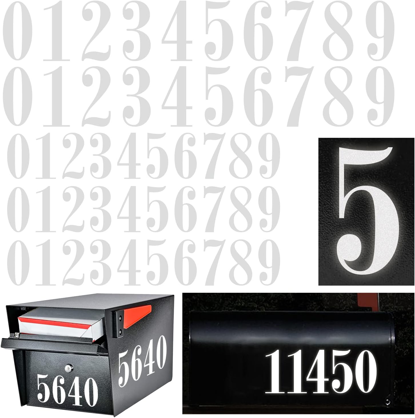 Reflective Mailbox Numbers Sticker Decal Die Cut Roman Style Vinyl Waterproof Number Self Adhesive 5 Sets (3" x 3 Set , 4" x 2 Set) for Signs, Door, Cars, Trucks, Home, Garbage Bins (Style 1)