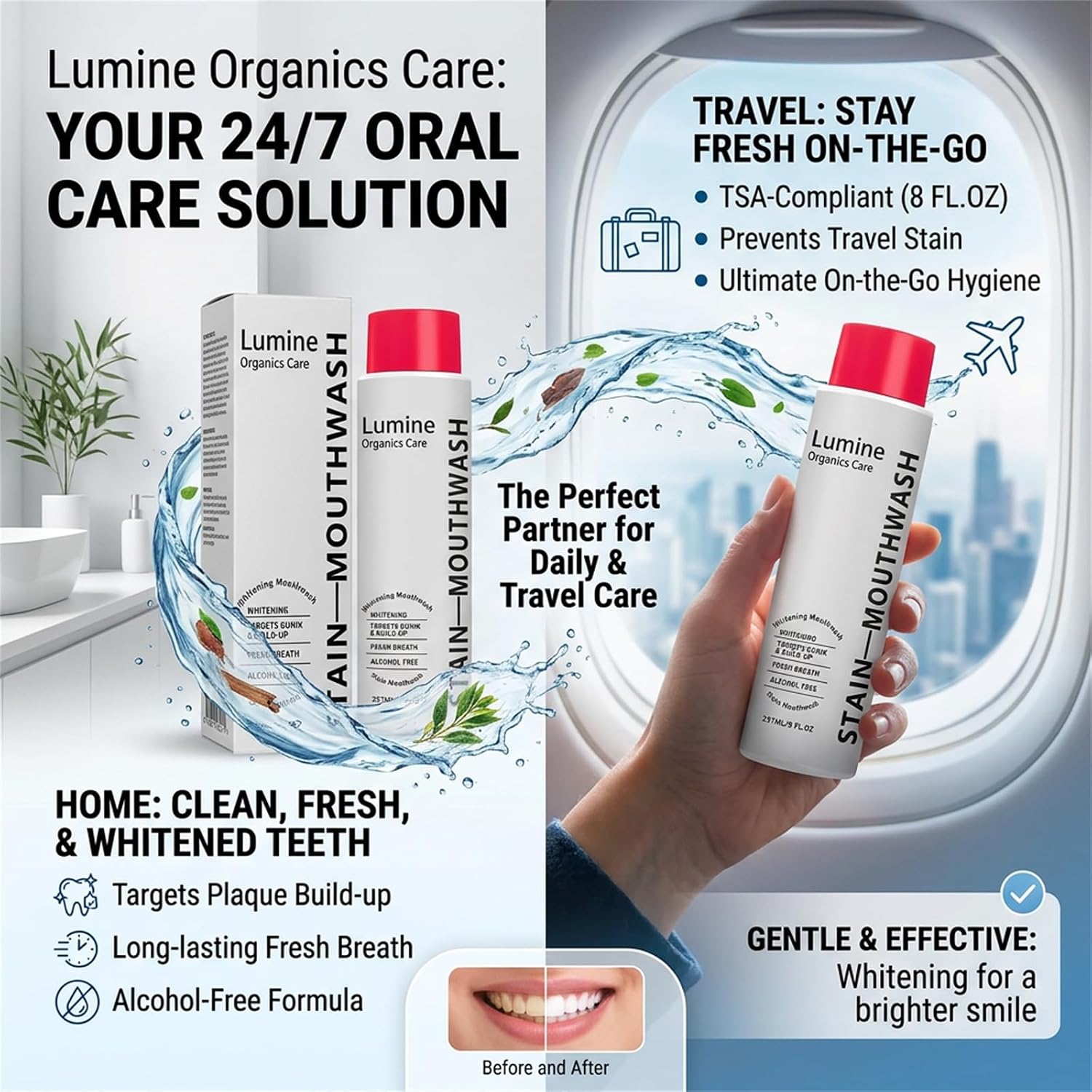 Mouthwash,Lumine Organics Care Stain Whitening Mouthwash, Maintains Clean Fresh Oral Suitable for Home Travel image 2