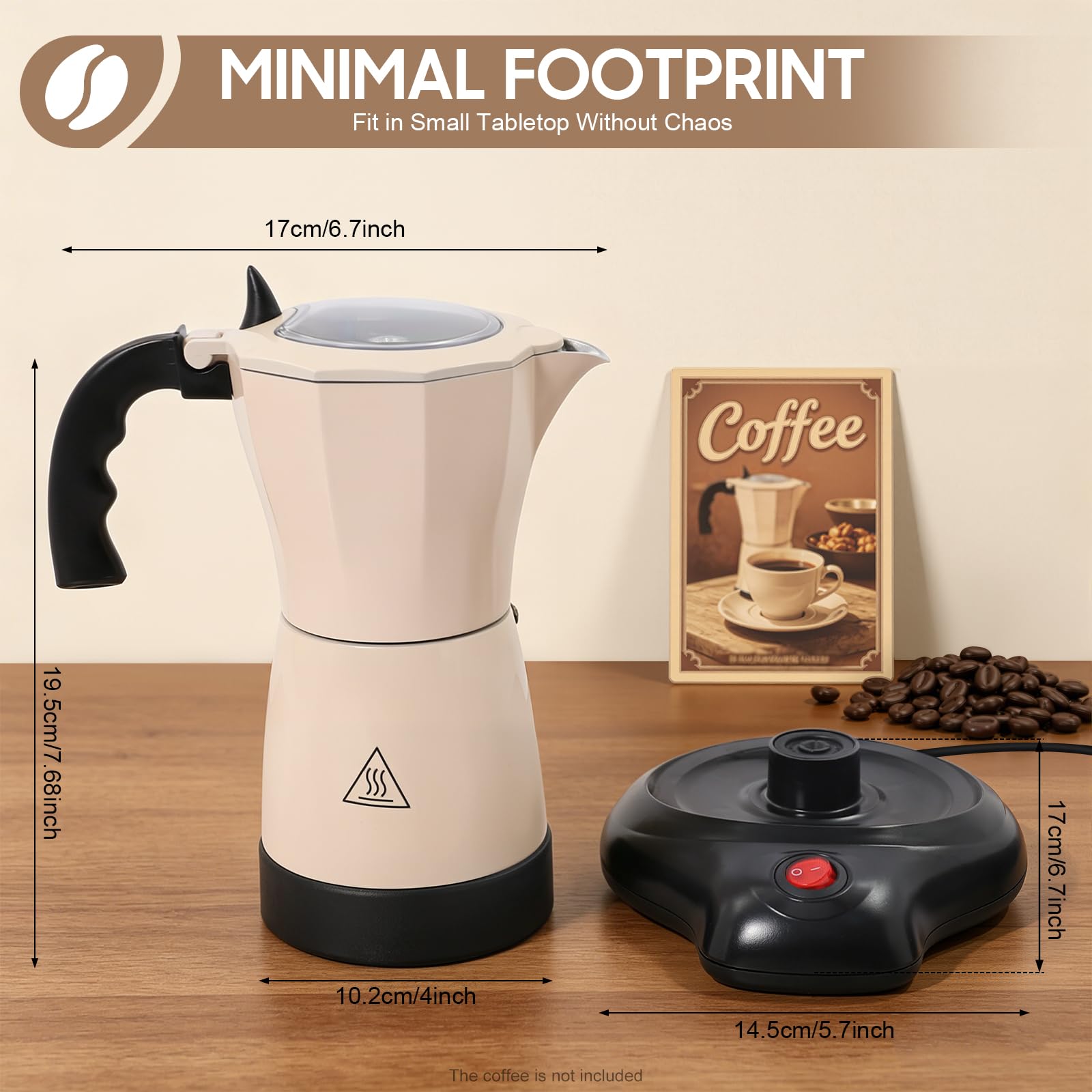 Cafetera eléctrica de 300 ml, cafetera espresso 6 tazas Italia Moka KanneOne-TouchVálvula de seguridad 360° Básica Portátil para el hogar Viaje, Blanco