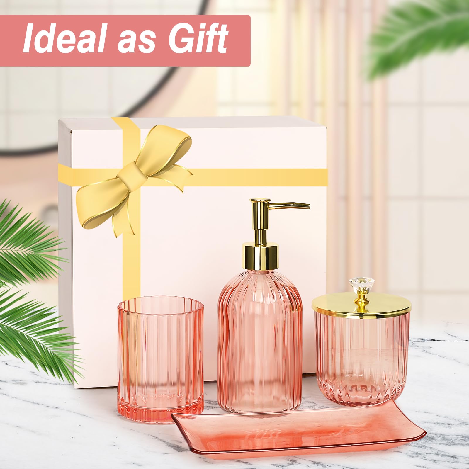 boailydi Pink Bathroom Accessories Sets Complete, Modern Glass Bathroom Decor Sets, Cute Soap and Toothbrush Holders, Bathroom Soap Dispenser Set, Bathroom Essentials for New Apartment, Restroom