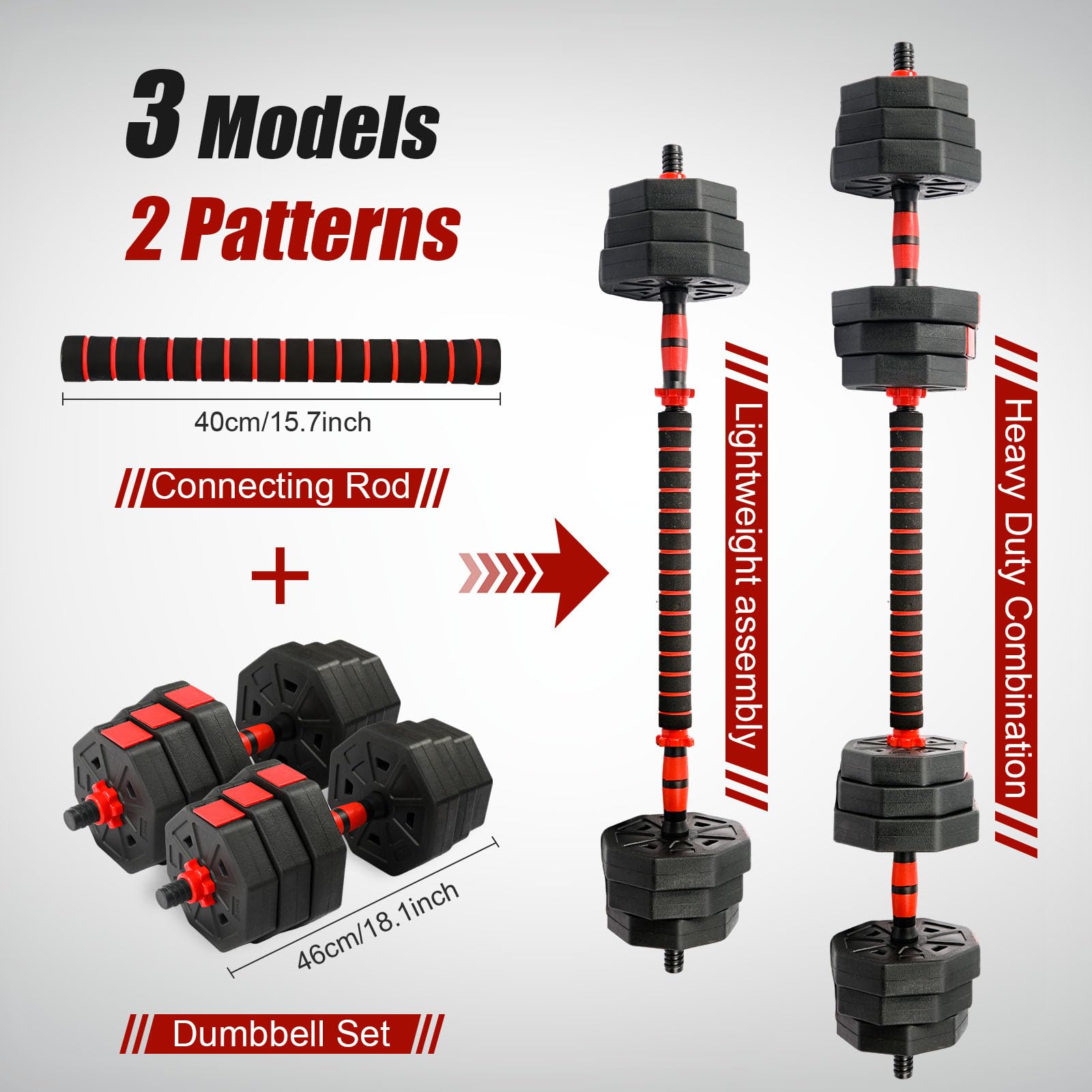 Adjustable Weights Dumbbells Set, 44Lbs 3 in 1 Adjustable Weights Dumbbells Barbell Set, Home Fitness Weight Set Gym Workout Exercise Training with Connecting Rod for Men Women Fitness, Strength-Building