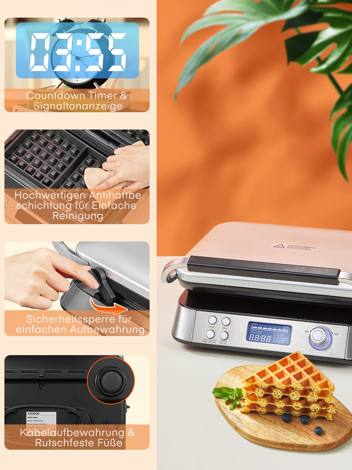 FOHERE Waffeleisen 1600 W, Doppelwaffeleisen für Belgische Waffeln, 5 Programme, 7 Bräunungsstufen, LCD Display, Countdown Timer, Überlaufrille, Extra Tiefe Heizplatten