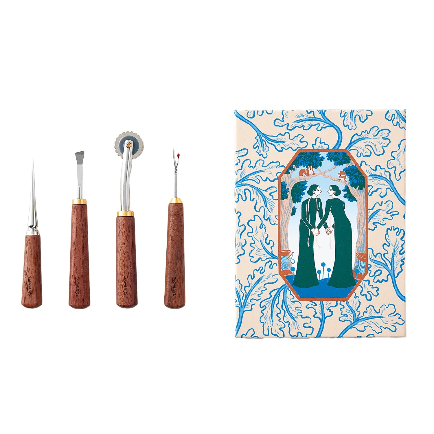 Clover Sewing Tool Set Walnut Perforated Ripper Metal Spatula Soft Roulette CL21-237 : Hobbies