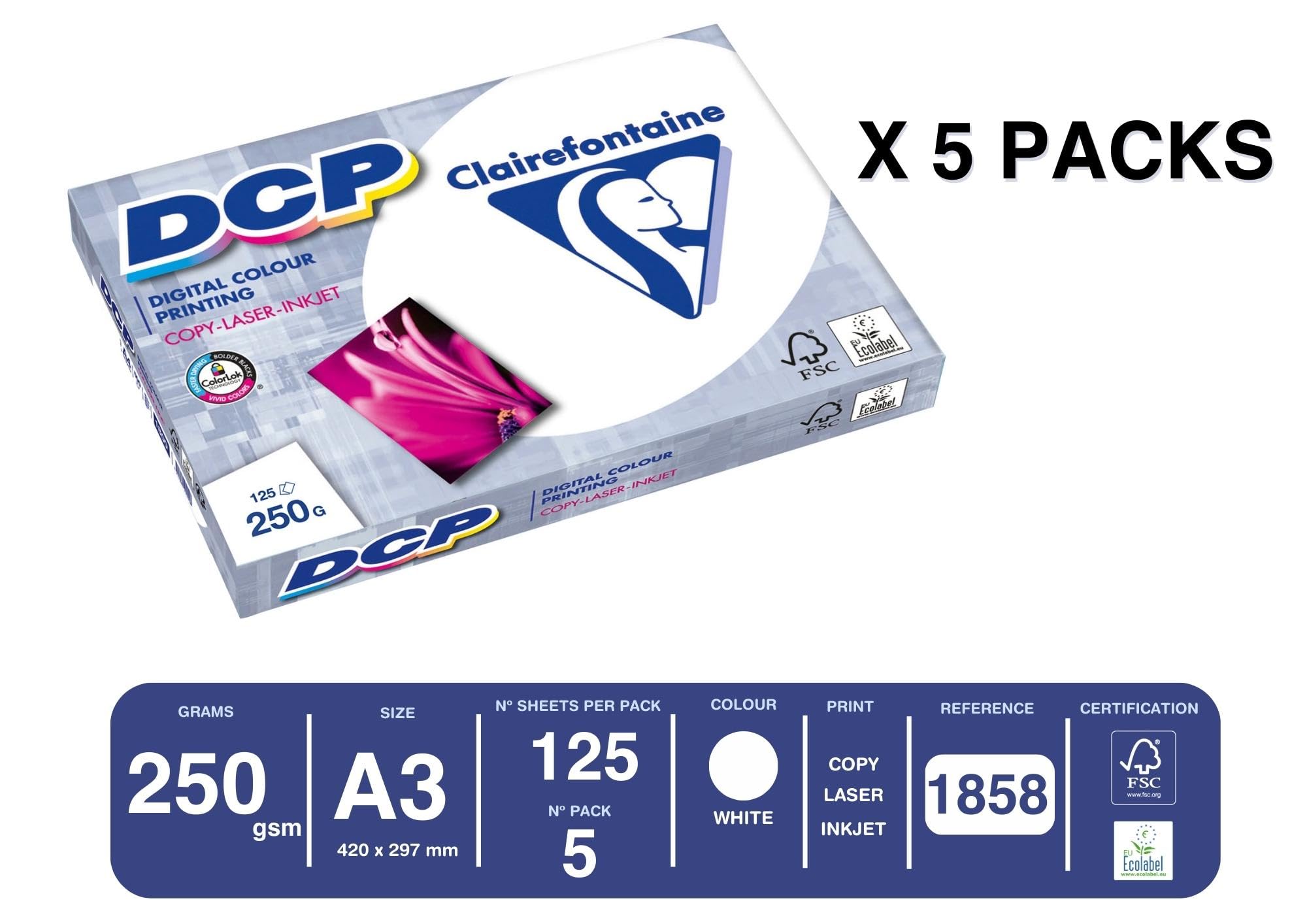 Clairefontaine 1858C - Caja de papel Digital Color Printing contiene 5 packs. - A3, 250g/m2, Total de hojas por caja: 625 - Color: Blanco (170 CIE)