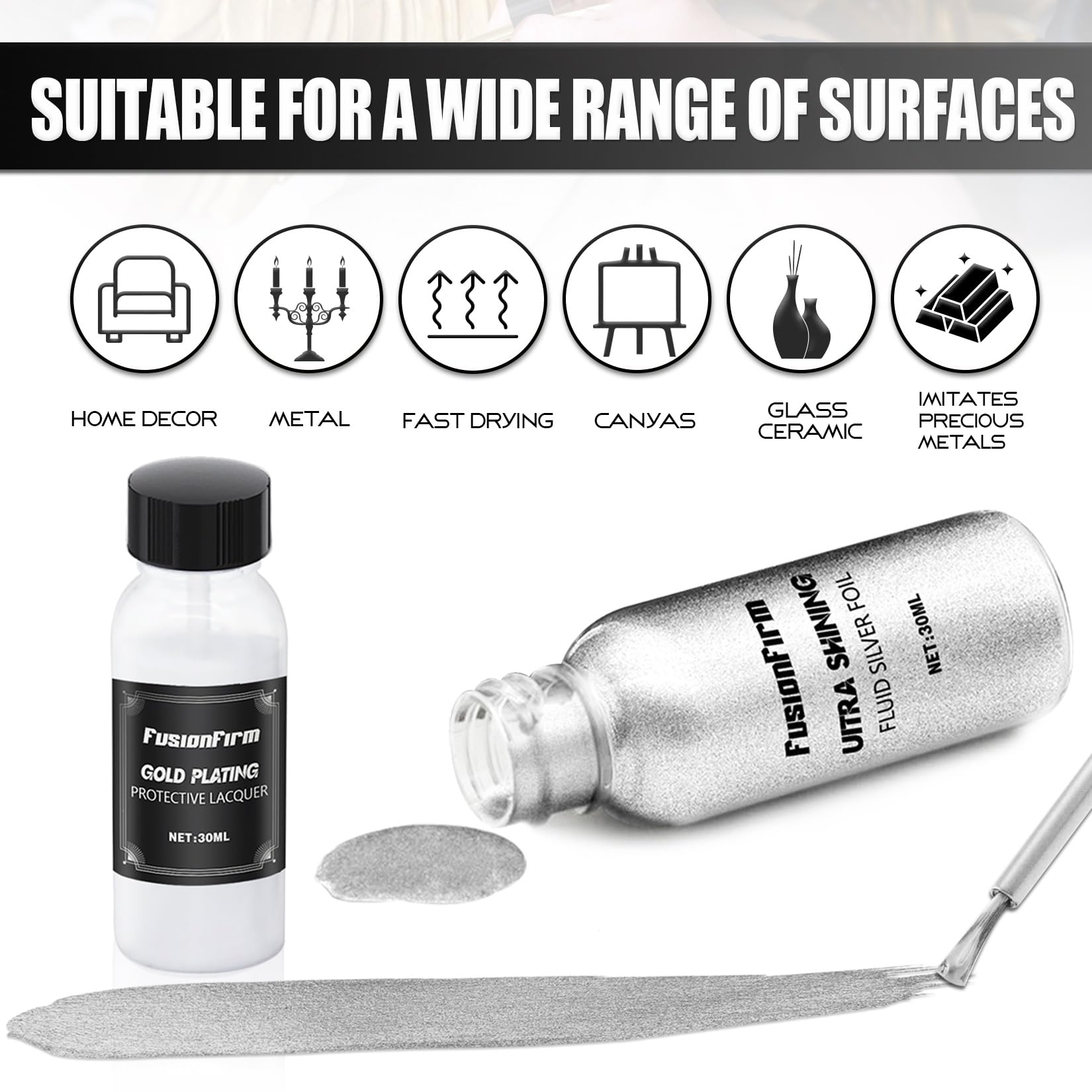 Liquid Silver Leaf Paint Kit - Alcohol-Based Quick Dry Ultra Shiny Metallic Gilding Paint for Crafts, Resin Art, DIY Decor | High Gloss Finish with Varnish | 2 x 30ml Bottles