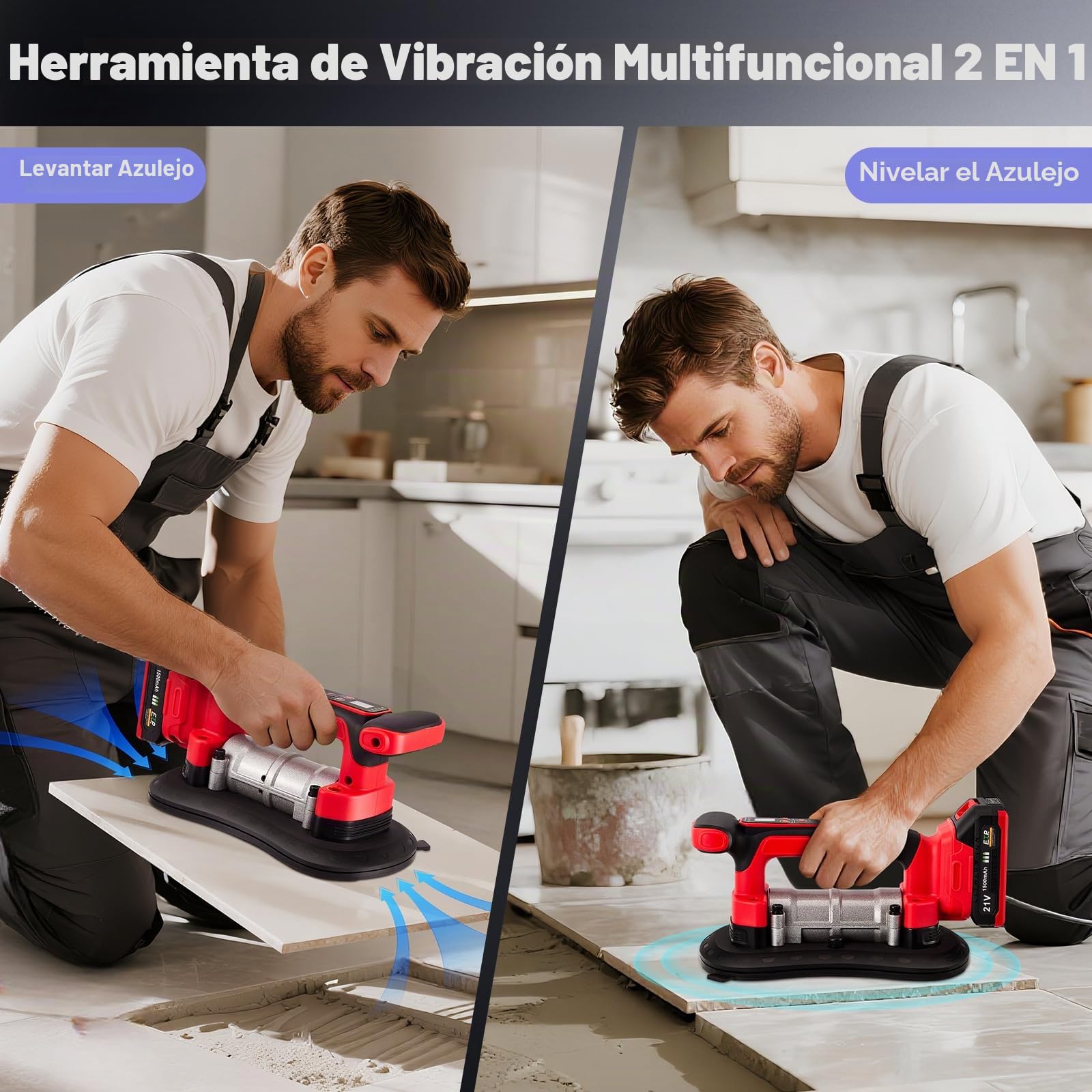 Vibrador inalámbrico para azulejos y ventosas 2 en 1, con ventosa de 28 x 15 cm Ajuste de nueve velocidades Capacidad de carga de 200 kg Soporte fiable para todo tipo de trabajos de alicatado