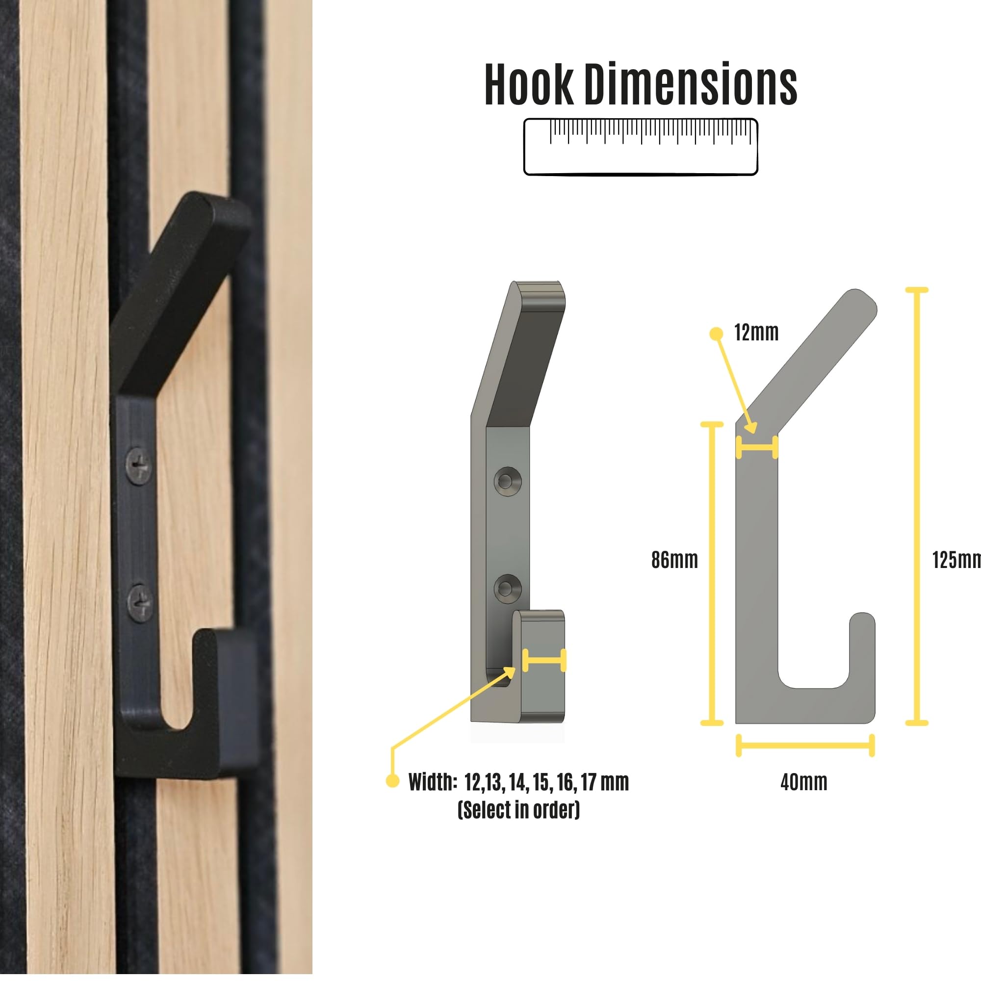 6 stuks garderobehaken, zwarte metalen kledinghaken, haken voor akoestische panelen (13 mm), moderne kapstok, wandhaken voor jassen, mantels, hoed, sjaals, handdoeken, handtassen en meer