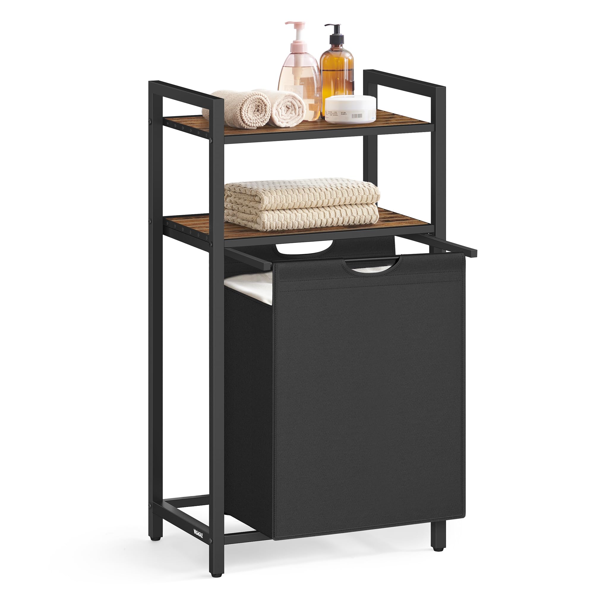 VASAGLE Laundry Hamper 65L with Pull-Out Bag 2 Shelves Rustic Brown Black
