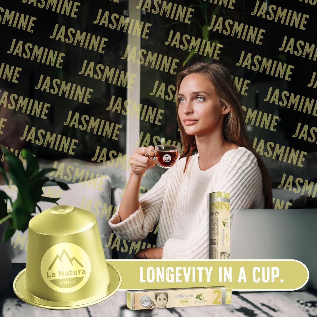 La Natura Lifestyle 120 x zielona herbata jaśminowa w kapsułkach aluminiowych, kompatybilne z ekspresami na kapsułki Nespresso®³, w 100% nadaje się do recyklingu, naturalny zielony jaśmin herbata z