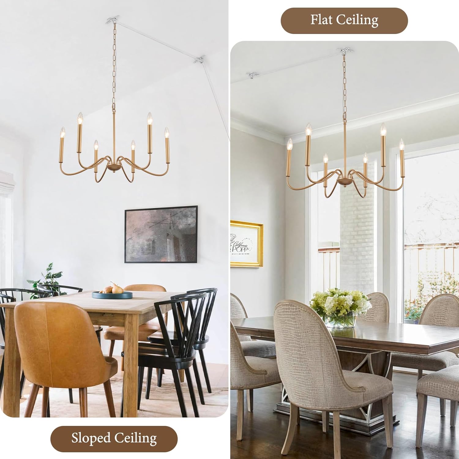 6 Light Plug in Chandelier, Pendant Light Hanging Light Fixture with Plug in Cord 15.1ft & Switch, Plug in Gold Chandeliers for Dining Room Living Room Bedroom Kitchen Island
