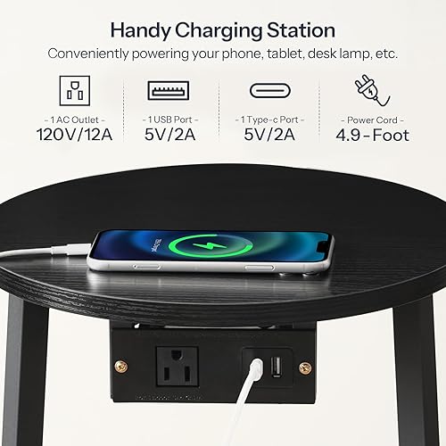 Miniatura 6 de HOOBRO Mesa auxiliar redonda pequeña con estación de carga, mesa auxiliar redonda con cesta de almacenamiento de tela, mesita de noche circular