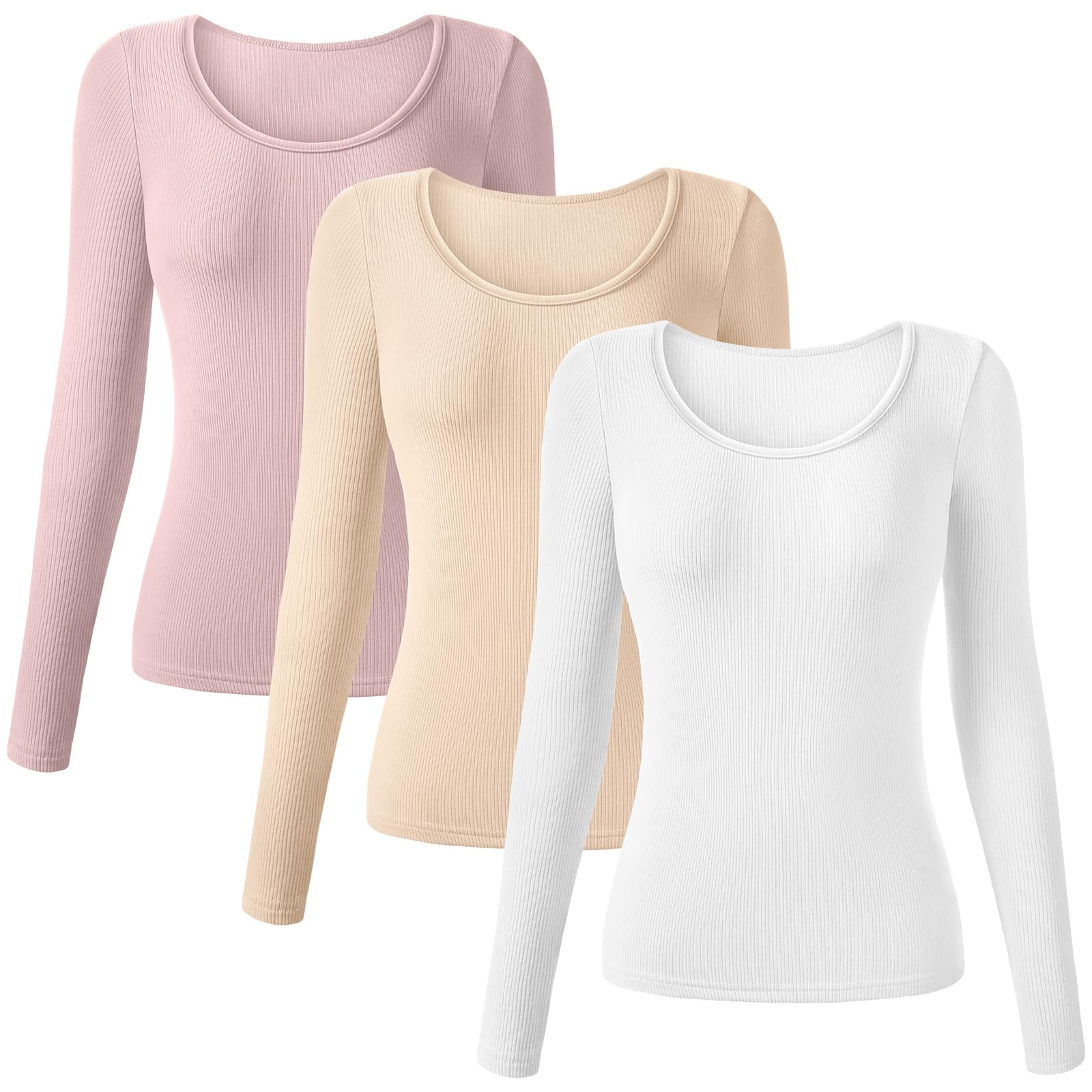 Huukeay 3 Pack Women's Long Sleeve Thermal Shirts, Ribbed Scoop Neck Slim Fit Under Scrub Tops T Shirts Baselayer Tops(S,White, Apricot, Dusty Pink)