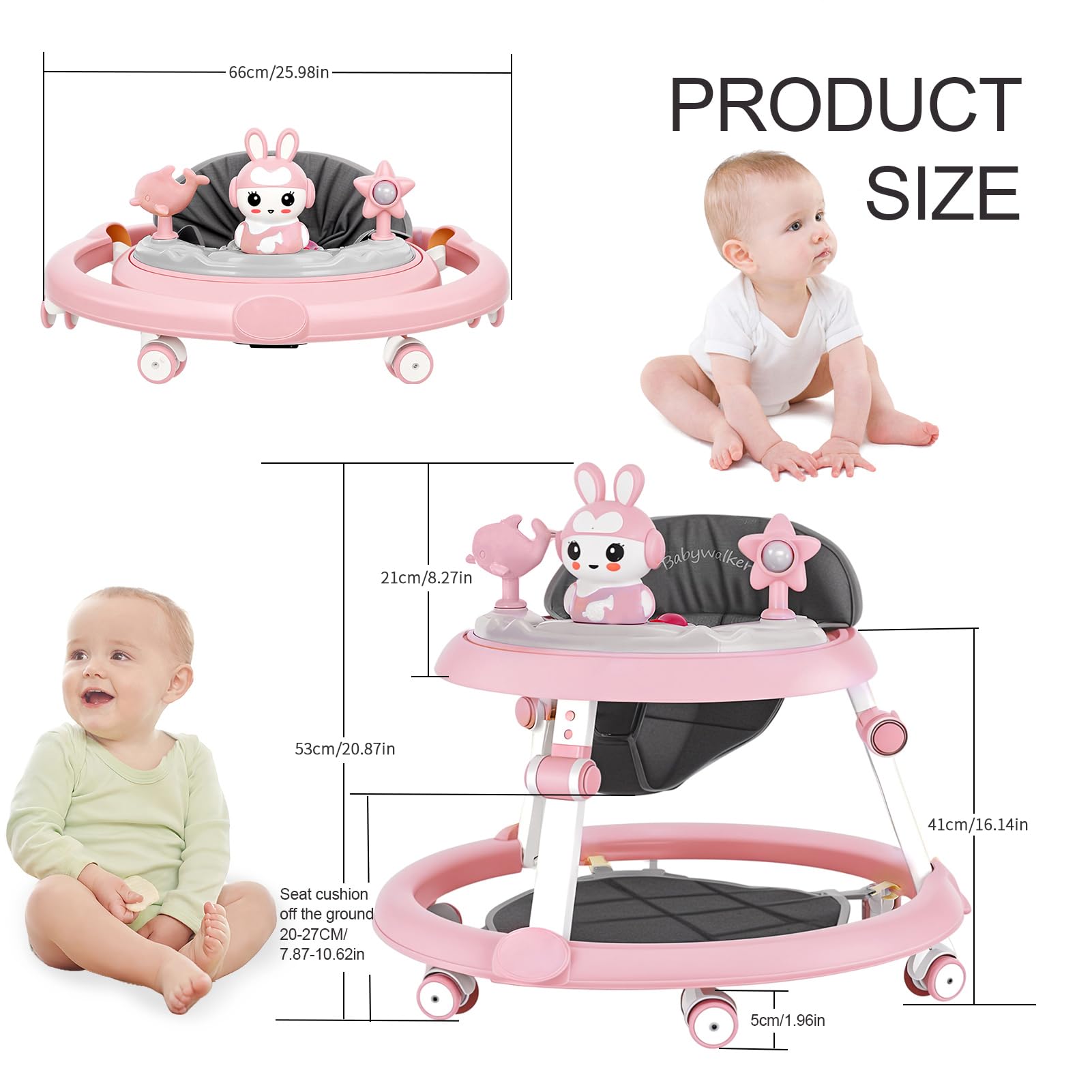 Trotteur Bébé Pliable, Youpala Bébé Évolutif Réglable en Hauteur 7 Niveaux, Trotteur Bébé Multifonction avec Roues Silencieuses Centre Activités Plateau Amovible Anti Basculement 6 à 18 Mois (Rose)