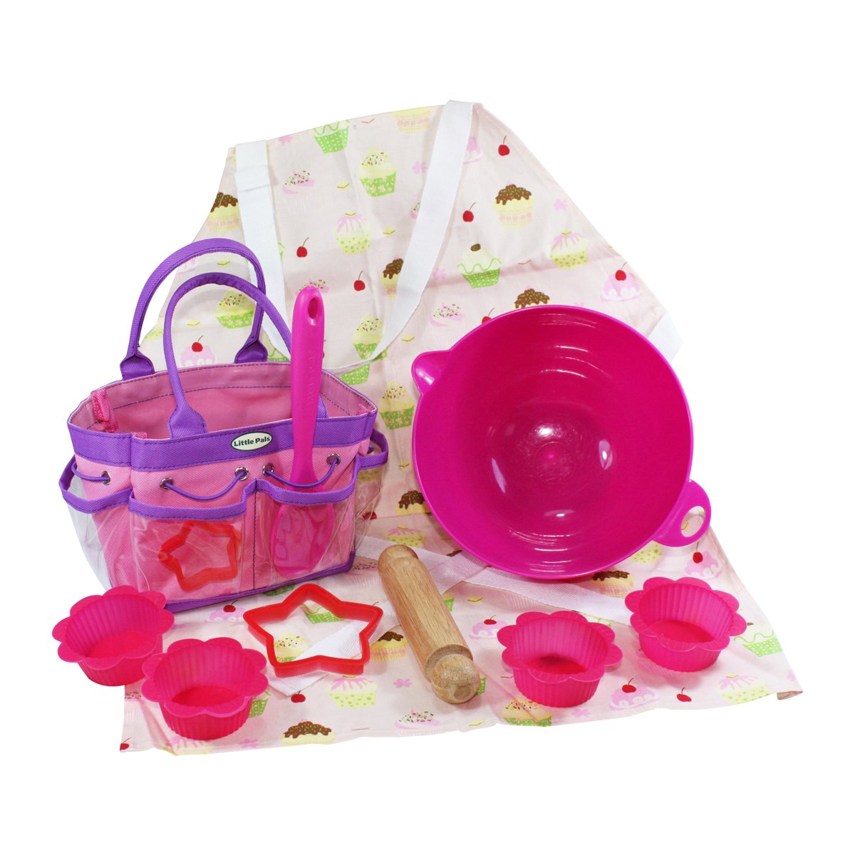 Little Pals Kids Baking Set Pink with Mixing Bowl, Spoon, Rolling Pin, Apron, Cutters and Cases