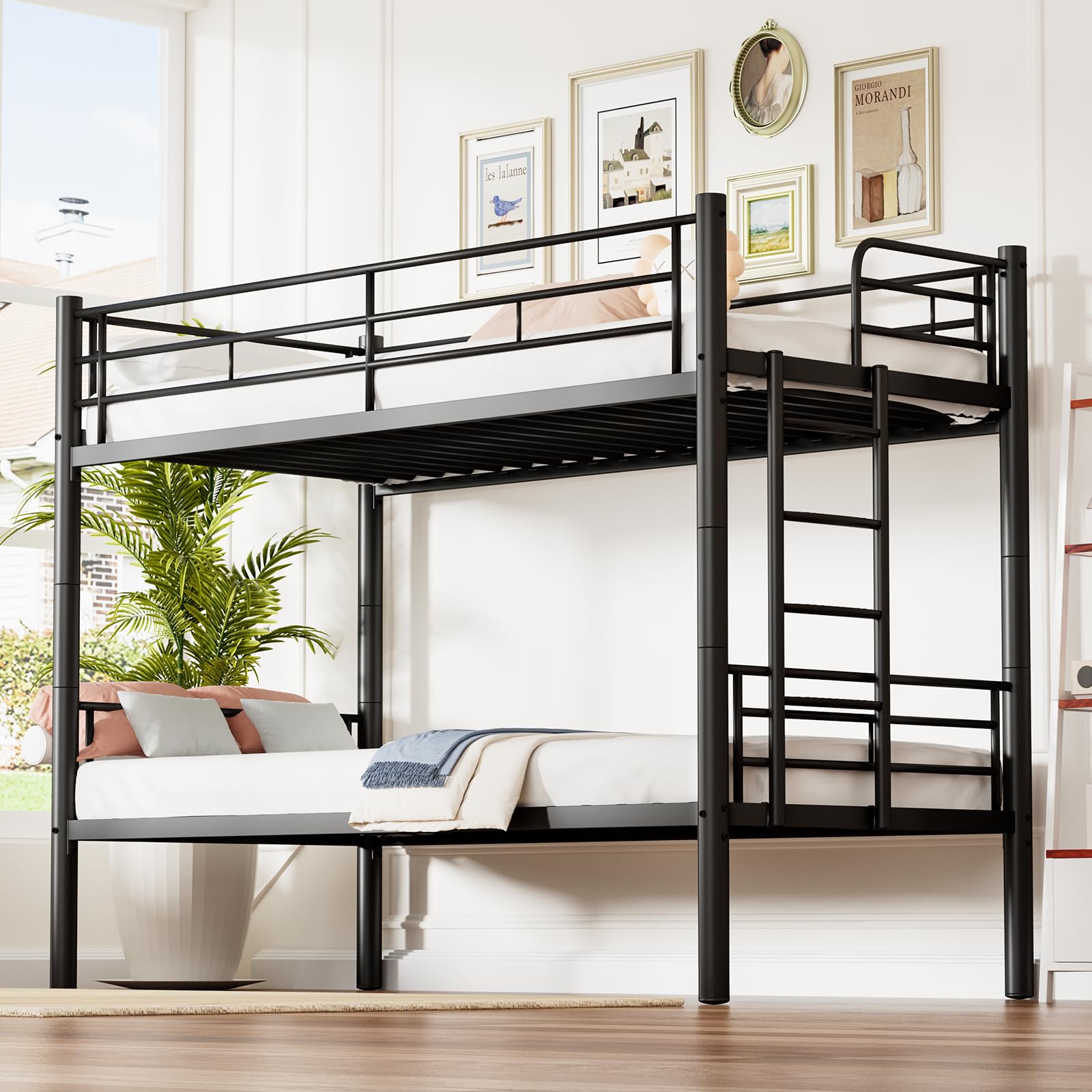 Litera de metal de 90 x 200 cm, se puede dividir en dos camas individuales, litera con escalera y protección anticaídas para adolescentes y adultos, color negro