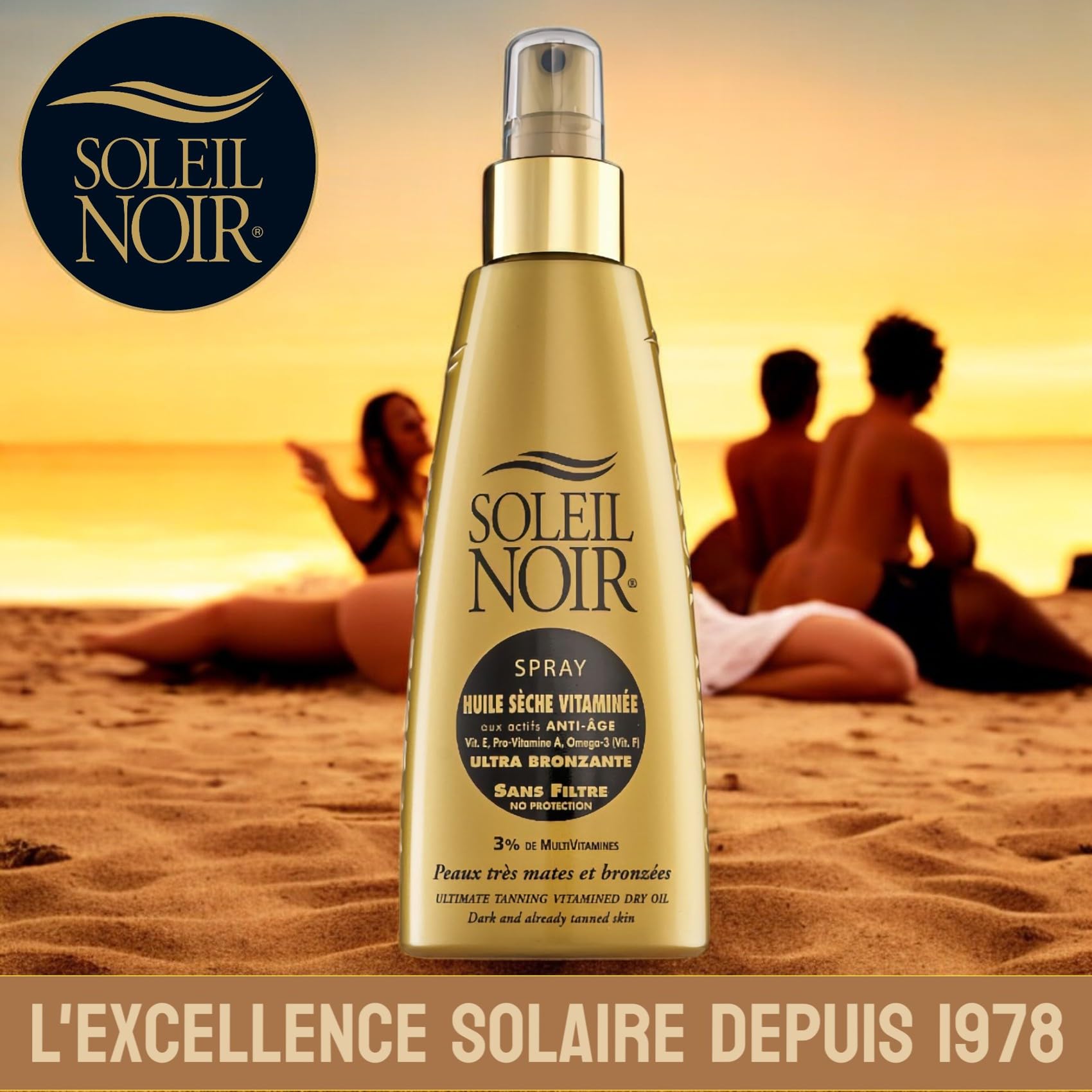 Soleil Noir - Huile Sèche Ultra-Bronzante Vitaminée sans Filtre - Peaux Très Mates et Bronzées - Actifs Anti-Âge et Vitamines - Fabrication Française - Flacon Pompe, 150 ml
