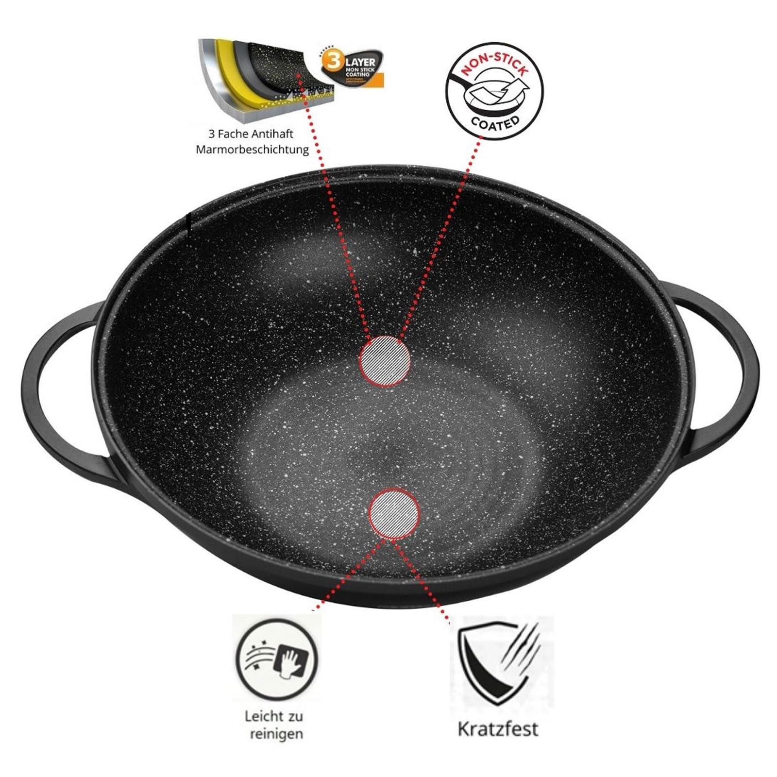 4BIG.fun Poêle Wok Acier Inoxydable 36 Cm Anti-Adhésive Avec Couvercle Verre - Induction Et Four