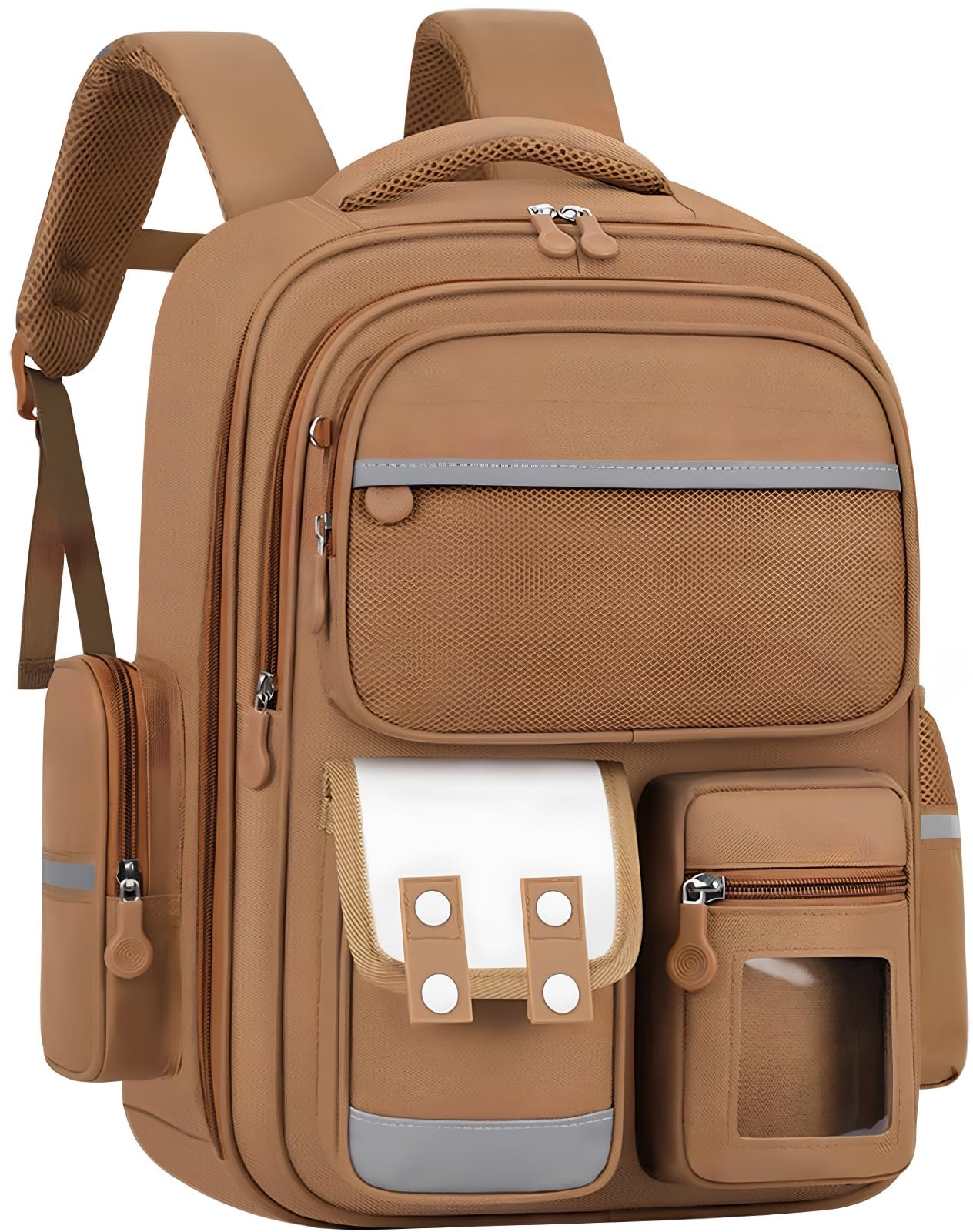 Tan Brown School Backpack 42x30x20 cm for Class 5 to 10 | Multi-Compartment Bag with ID Window for Boys & Girls | Reflective Safety Strips-image-49