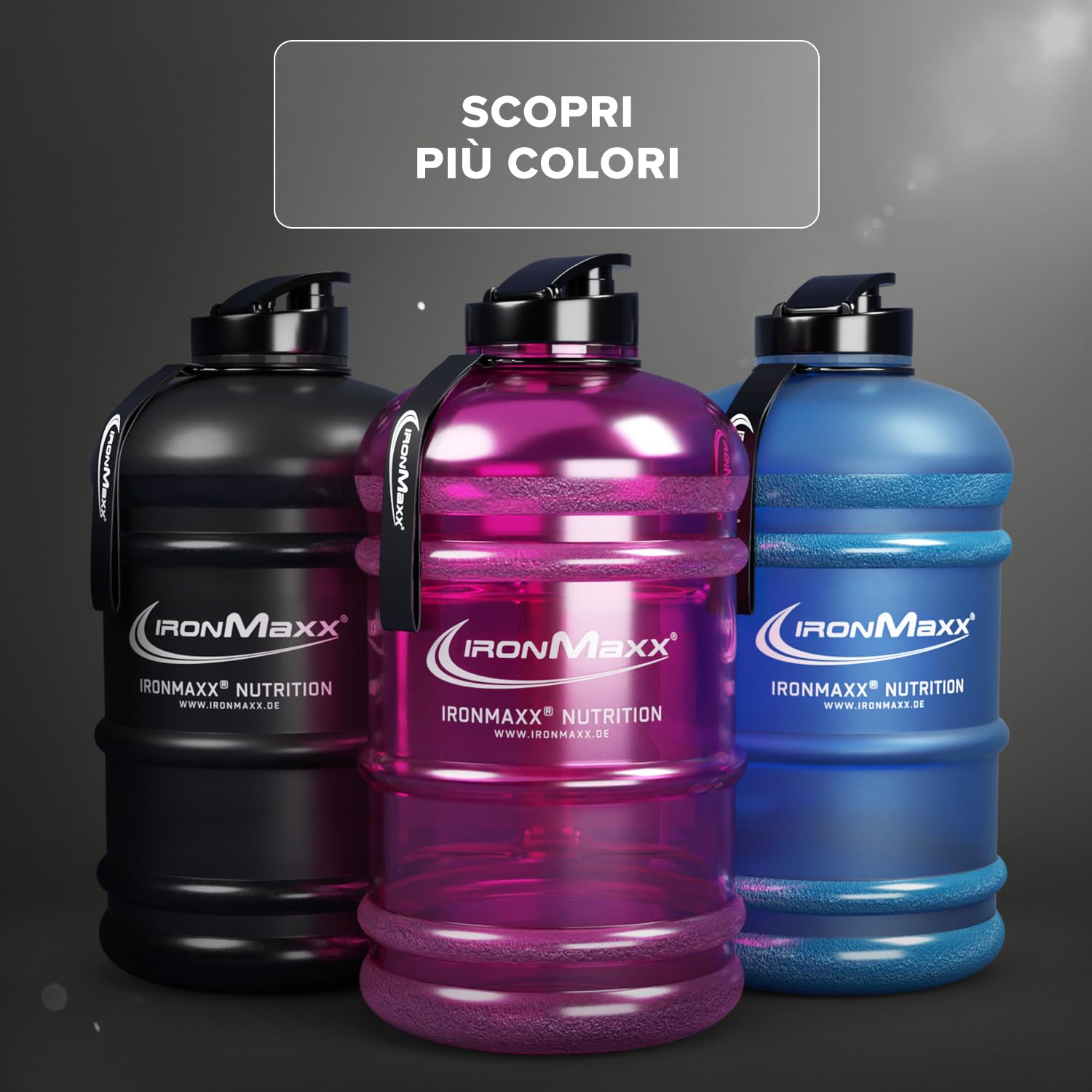 IronMaxx Water Gallon - Borraccia da 2200 ml a Prova di Perdite - Priva di BPA - Adatta per lo Sport - Grigio